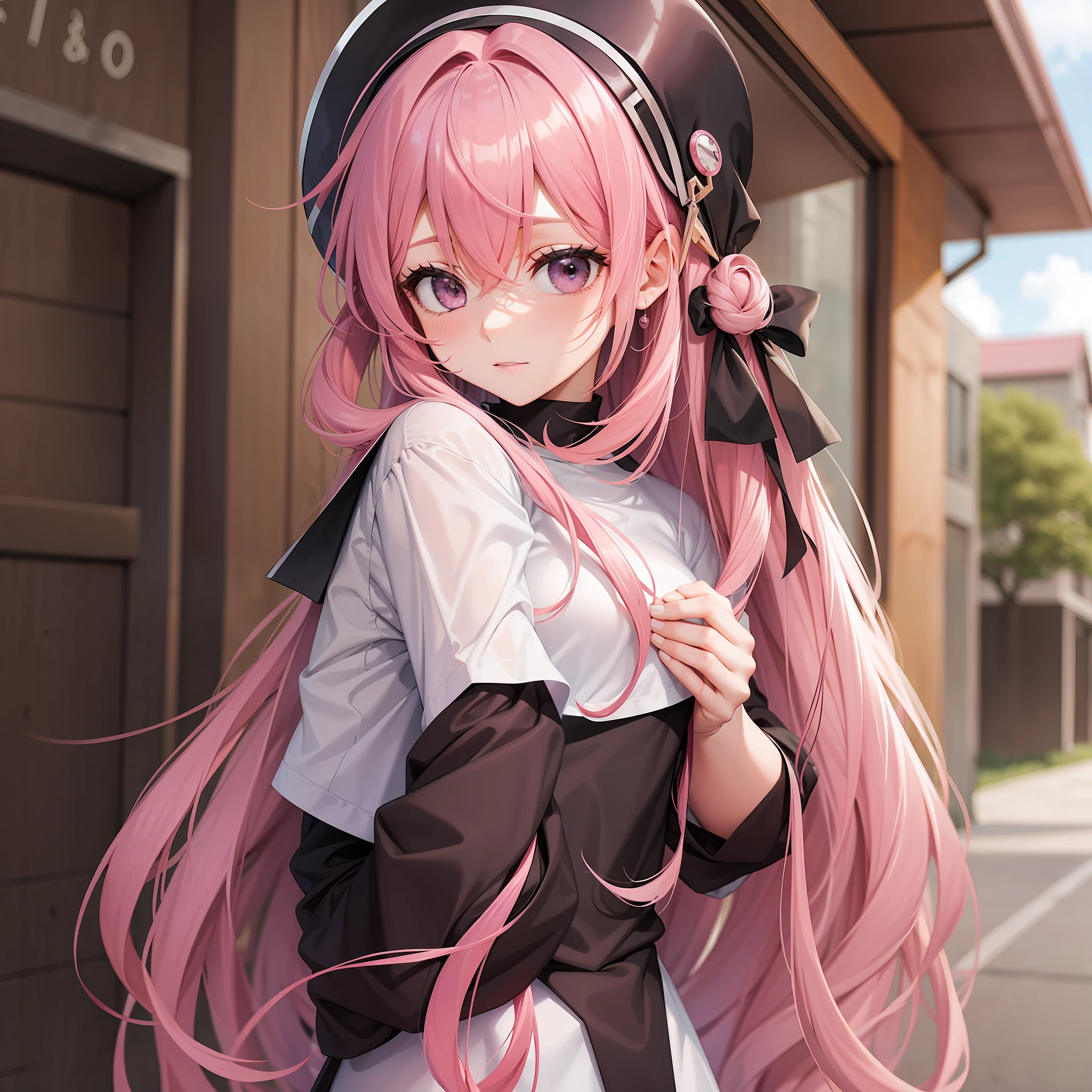 Girl Hugging Pink Hair Long Hair School Top Quality Masterpiece