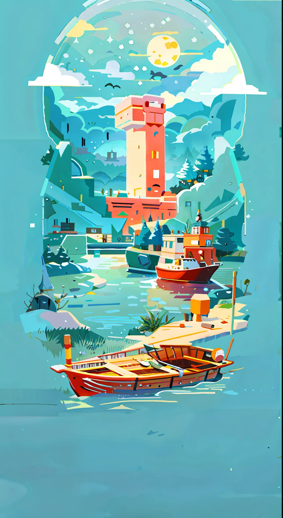 A BOAT FLOATING ON THE SEA OF THE NEARBY LIGHTHOUSE, A BEAUTIFUL 2D DIGITAL GOUACHE ILLUSTRATION INSPIRED BY NEVERCREW, HIGH DETAIL AND DIGITAL ILLUSTRATION STYLE, A DIGITAL 2D ILLUSTRATION IN THE STYLE OF AN ARTWORK POSTER DESIGN, AND A 2D MATTE ILLUSTRATION IN THE STYLE OF CYRIL LORANDO.