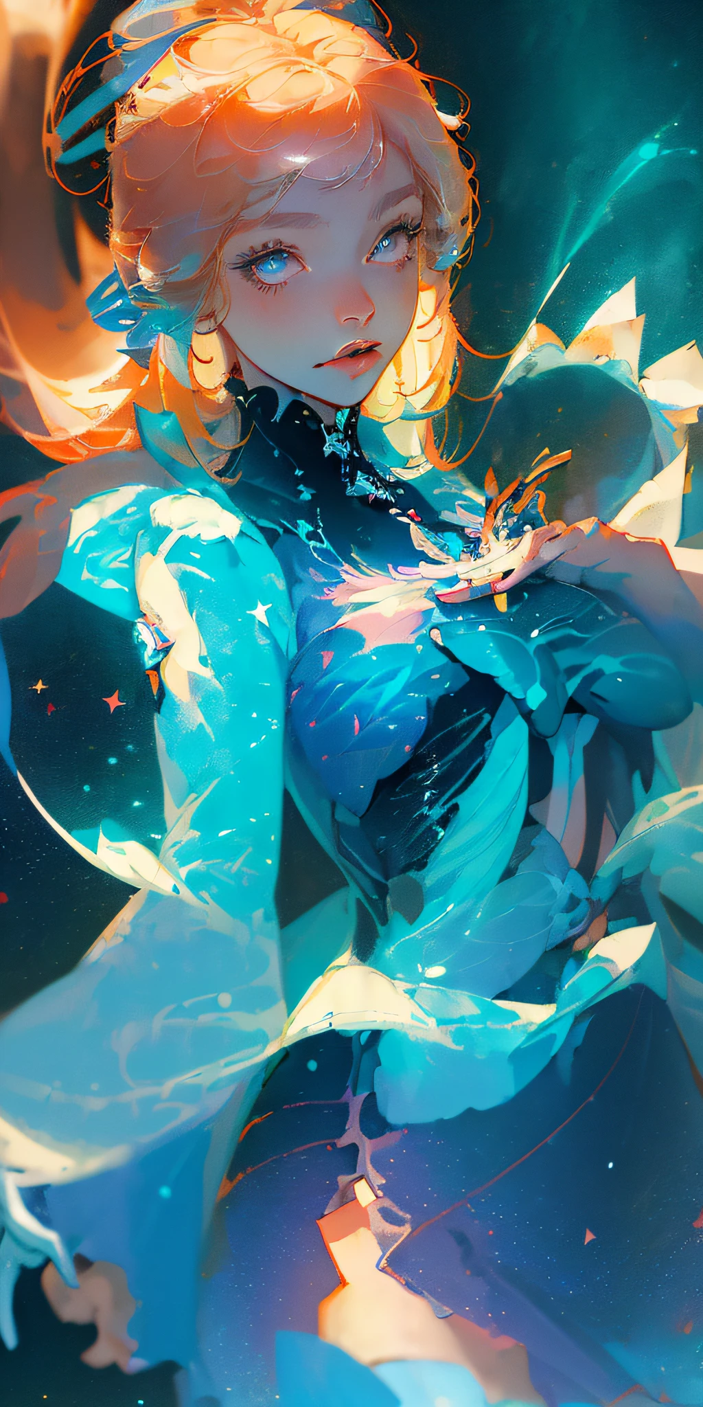 (best quality, masterpiece), (big breast:1.9), 1girl, pose, particle, wind, flower, upper body, looking at viewer, blonde, galaxy, kokomi, water splashing, kokomi, water splashing, sangonomiya kokomi from genshin impact, showing navel, showing belly button