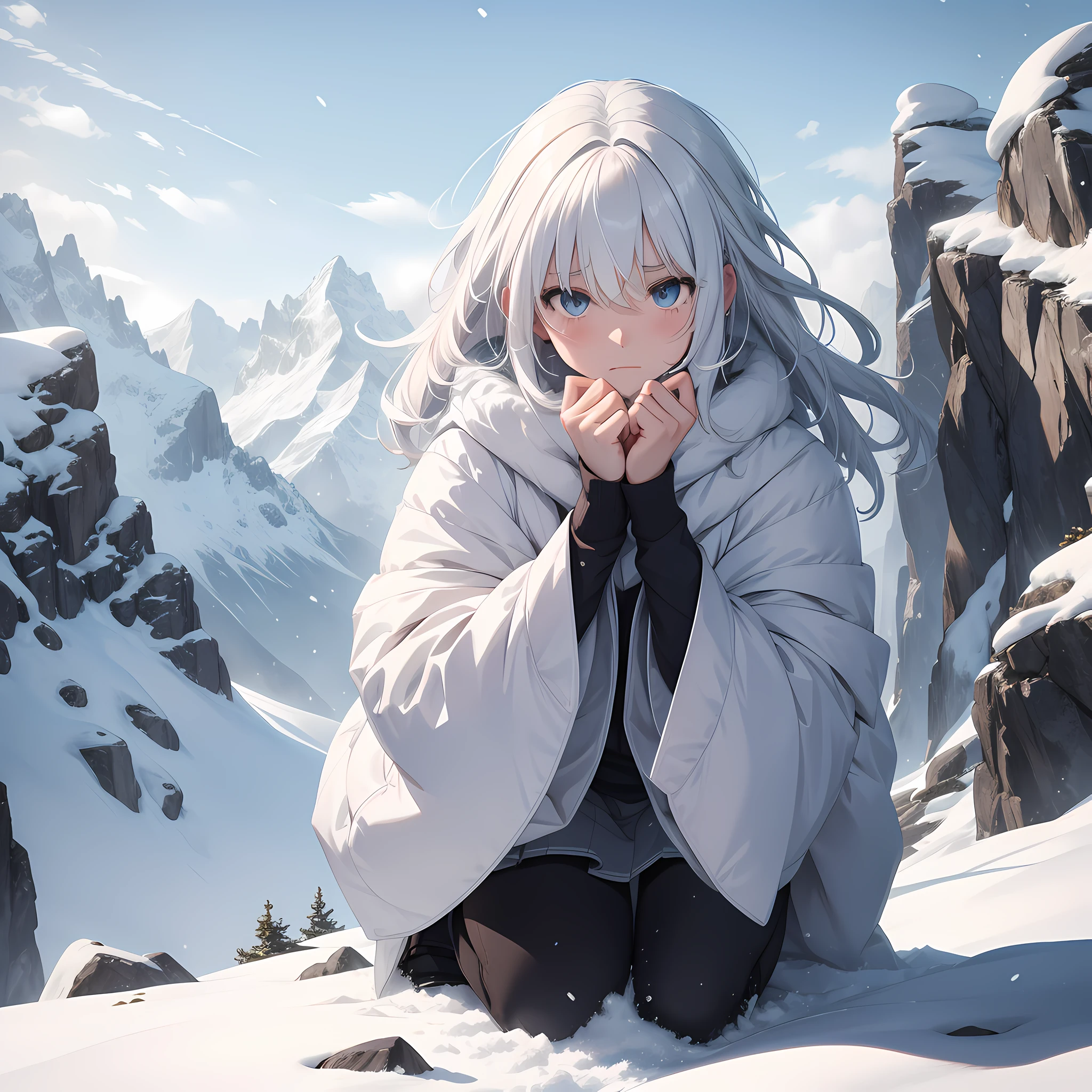 (Upper body display: 1.8) A white-haired girl kneels on the ground mountain, the top of the mountain, the wind is fierce, the sky is full of snow, and her expression is sad