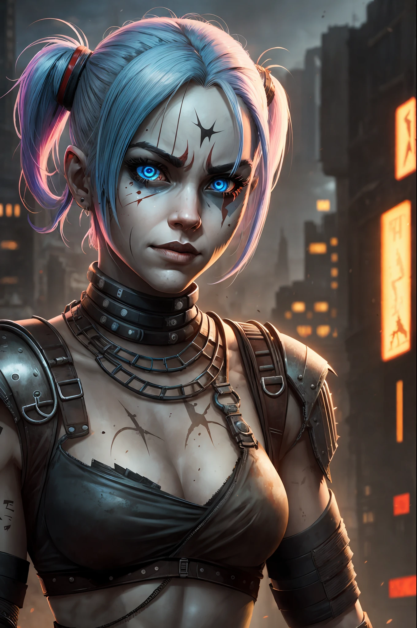 a female collectible hero in mad max design, similar to harley quinn figure. Dystopian world in the background, photorealistic, 4k, cyberpunk --auto --s2