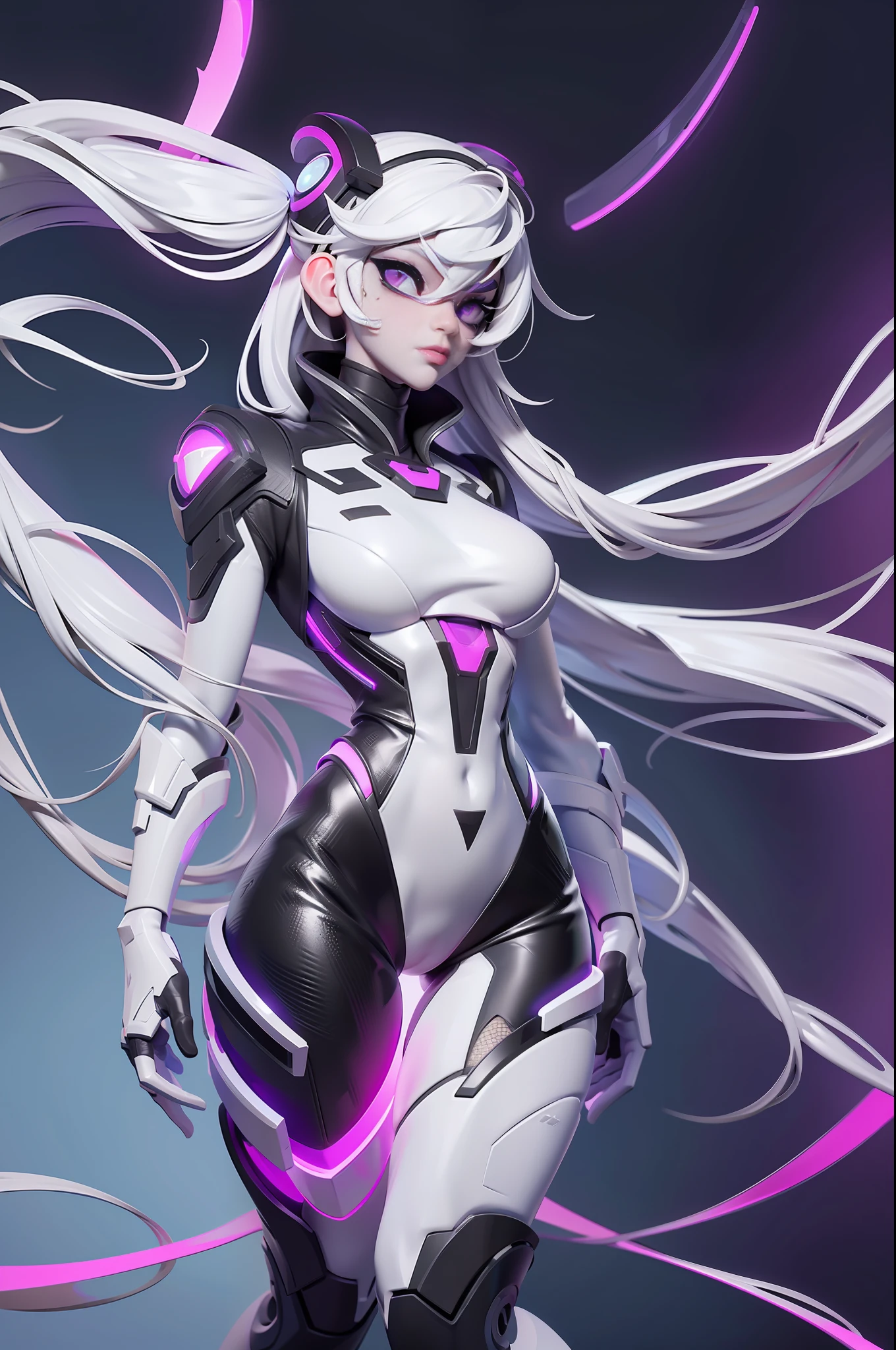 full body picture Unreal Engine 5 8K UHD of beautiful girl, white hair, wearing futuristic black tight battle suit, half face cyberpunk mask, futuristic neck collar, purple light details, beauty makeup, best quality, masterpiece