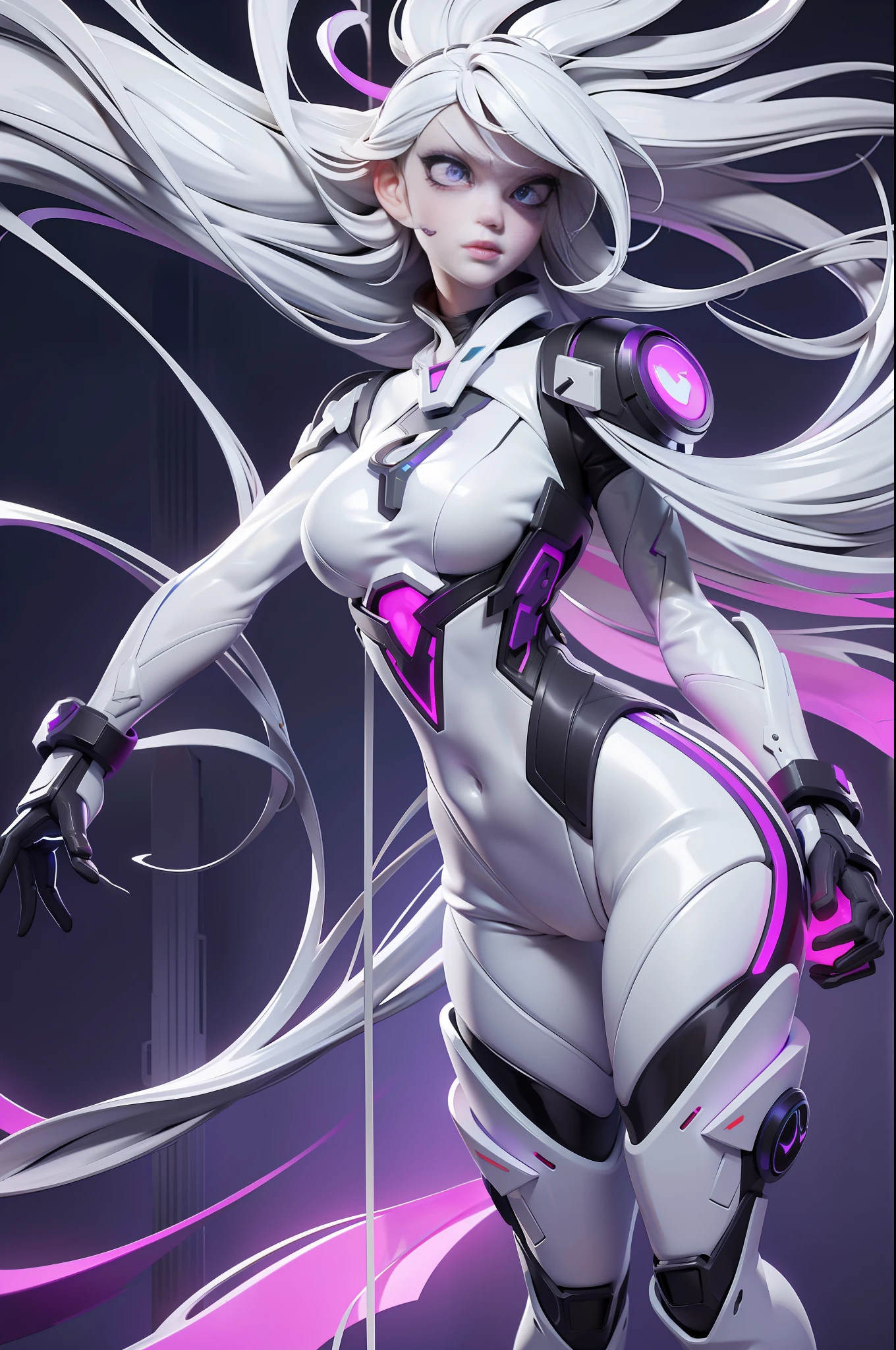 full body picture Unreal Engine 5 8K UHD of beautiful girl, white hair, wearing futuristic black tight battle suit, half face cyberpunk mask, futuristic neck collar, purple light details, beauty makeup, best quality, masterpiece