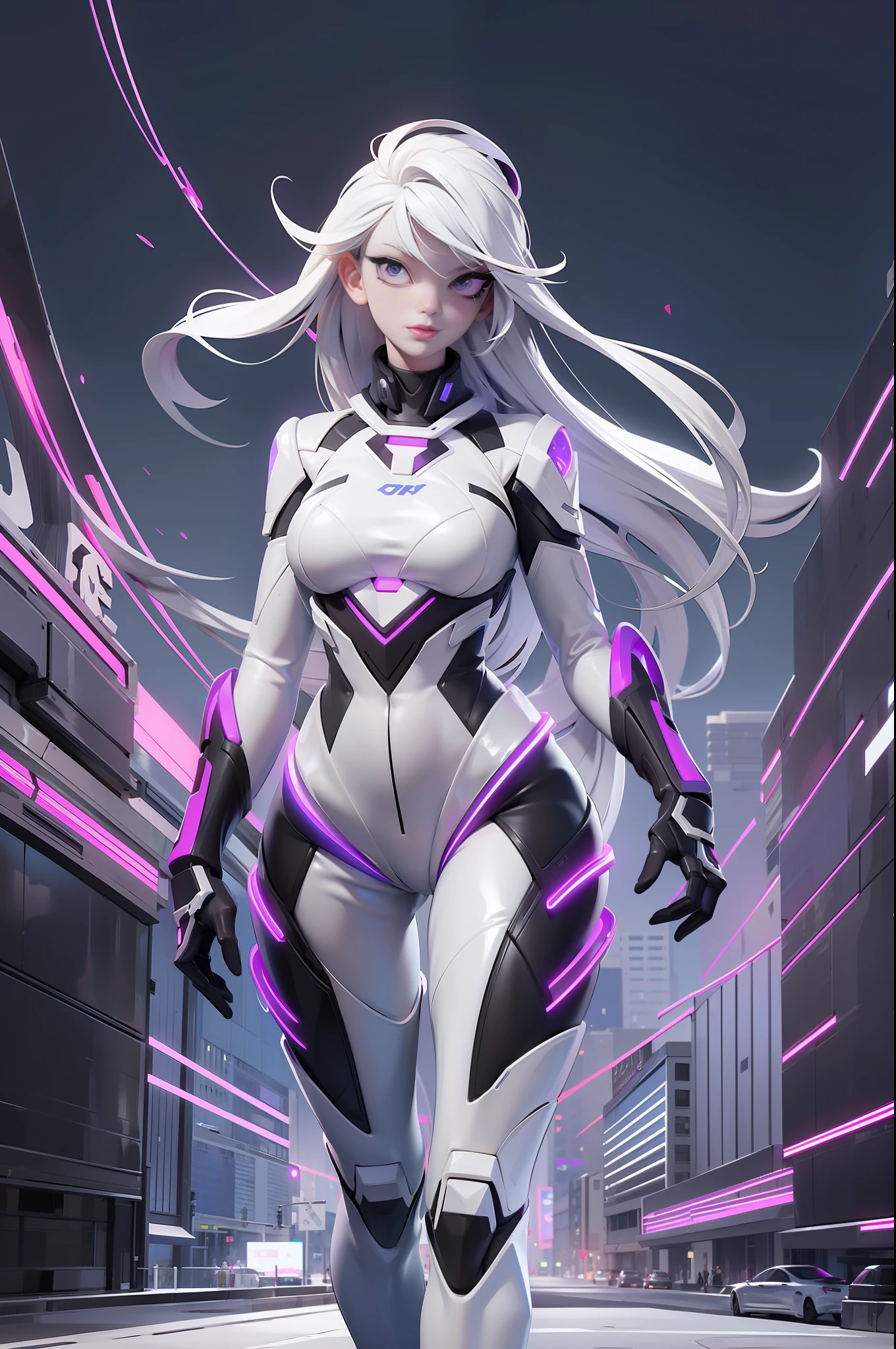 full body picture Unreal Engine 5 8K UHD of beautiful girl, white hair, wearing futuristic black tight battle suit, half face cyberpunk mask, futuristic neck collar, purple light details, beauty makeup, best quality, masterpiece