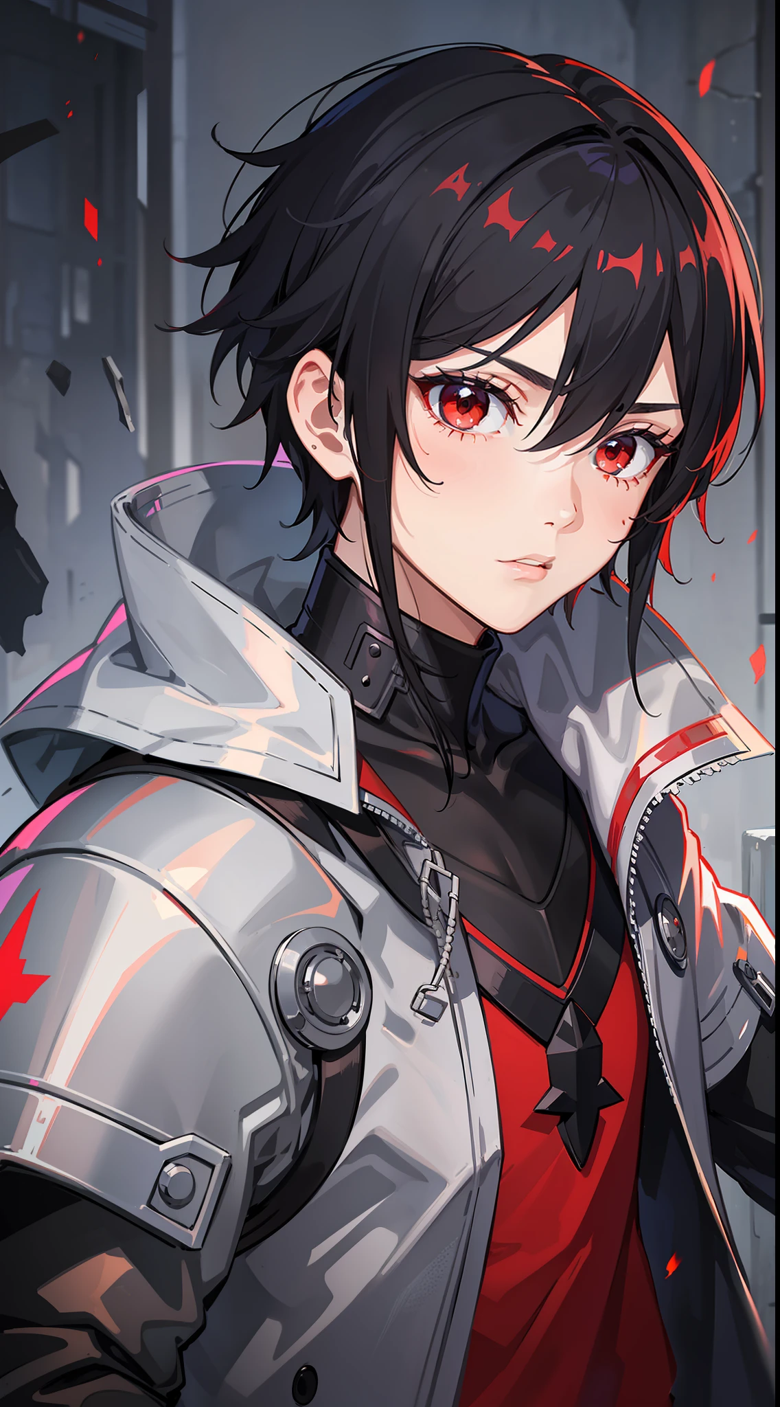 Young guy, short black hair, red eyes, scar on his face, light fantasy armor, raincoat, braid, masterpiece, high quality