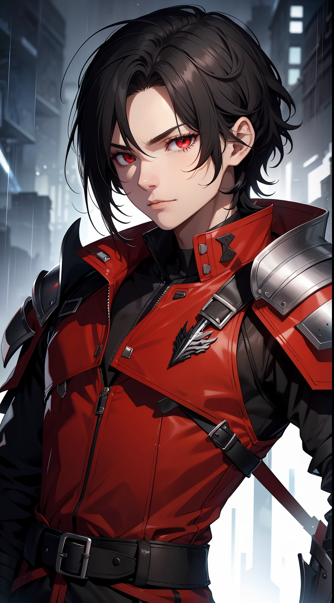Young guy, short black hair, red eyes, scar on his face, light fantasy armor, raincoat, braid, masterpiece, high quality
