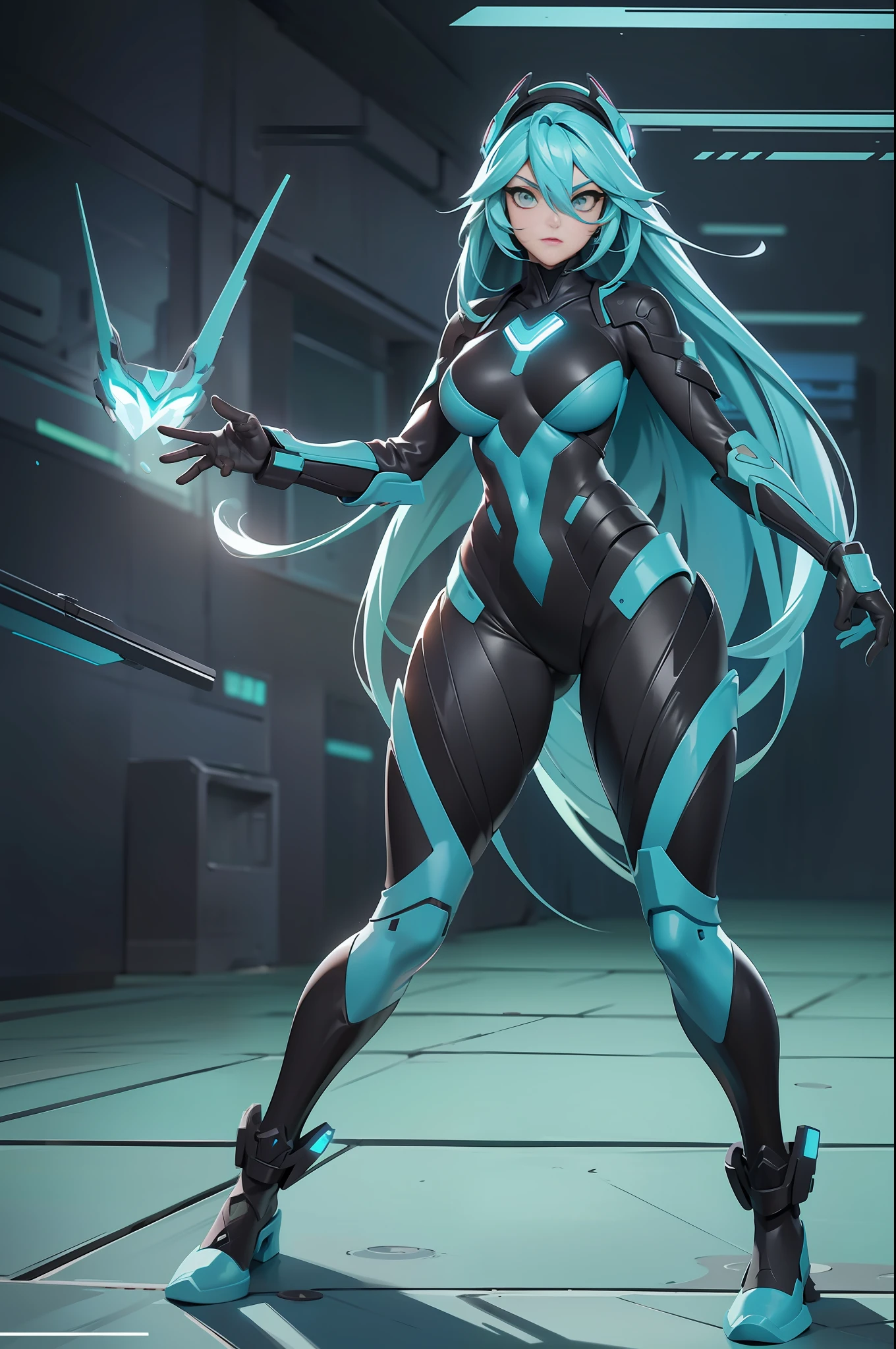 full body picture Unreal Engine 5 8K UHD of a beautiful adult girl, long cyan hair, wearing futuristic black tight battle suit, futuristic half face mask, cyan light details, best quality, masterpiece