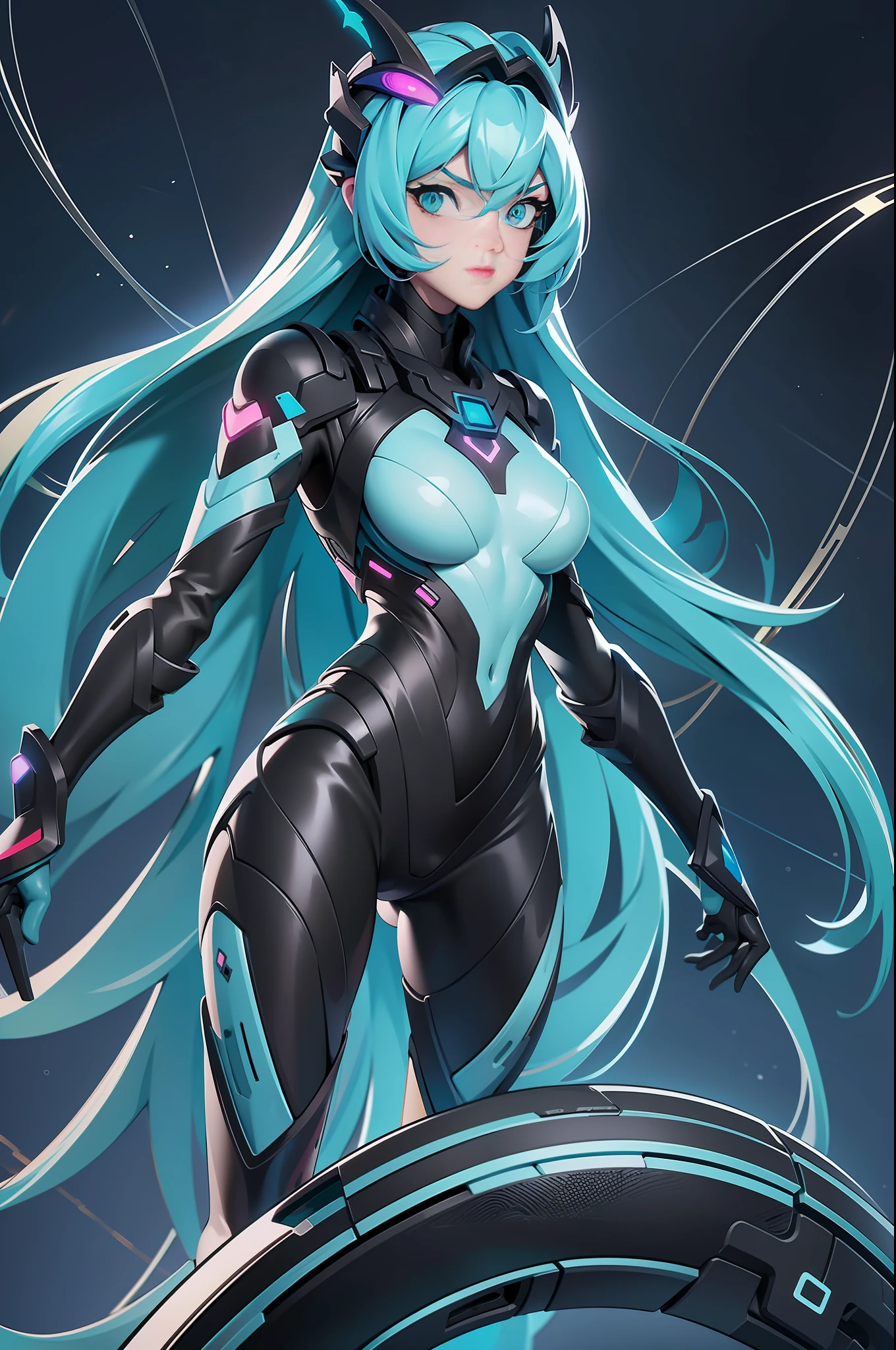 full body picture Unreal Engine 5 8K UHD of a beautiful adult girl, long cyan hair, wearing futuristic black tight battle suit, futuristic half face mask, cyan light details, best quality, masterpiece