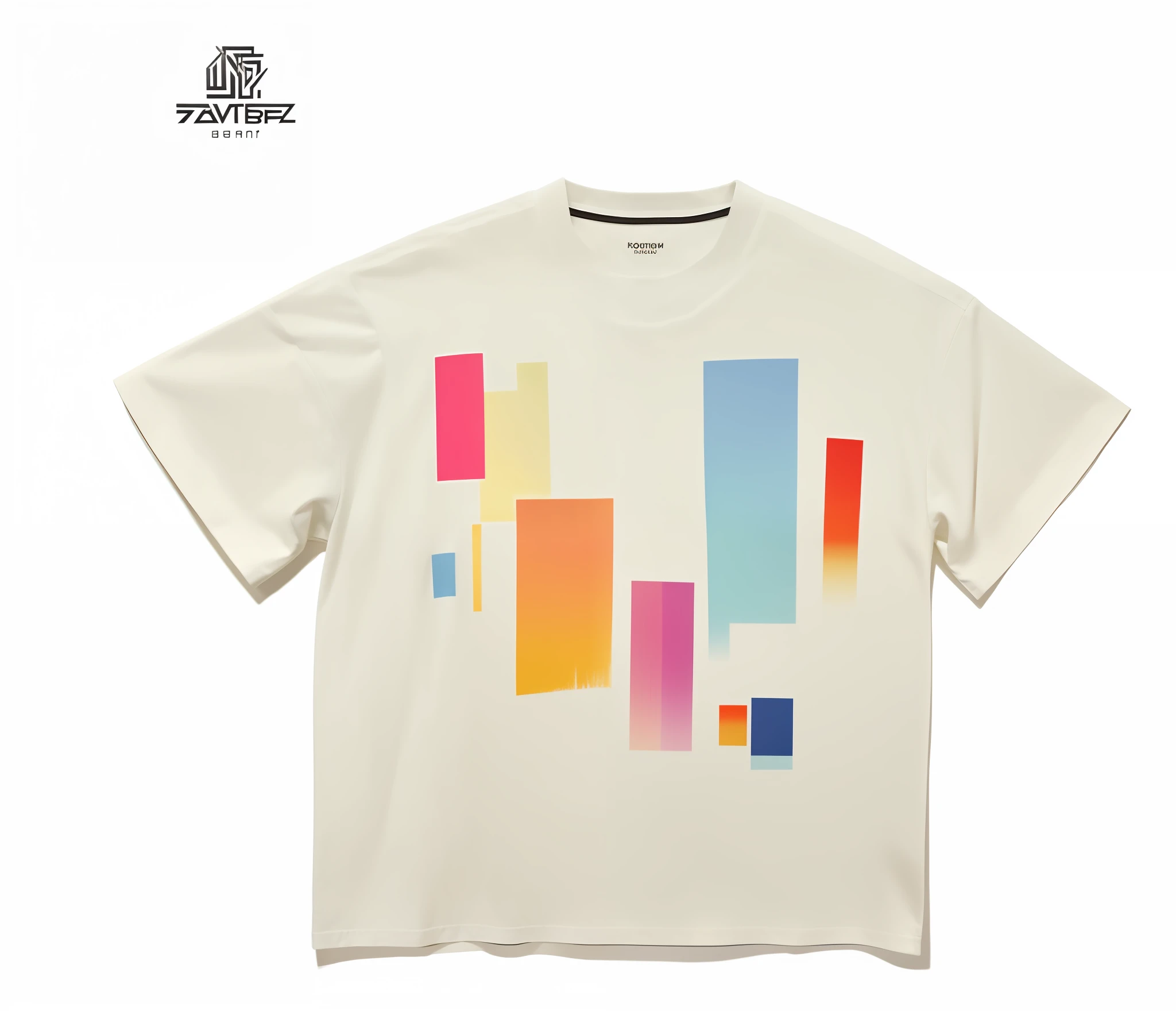 White T-shirt with color design on front, uniform off - white sky, official product picture, R/streetwear trend, 2 0 2 2, 2022, author: Higitsu Shinoda, 2021, 2 0 2 1, T-shirt, T-shirt, product photo, three-dimensional cut, bright pink and black, silk fabric, avant-garde design, ethnic style, bevel cut design, high saturation, HD sharp, pencil design draft, clothing design, short sleeve design, short sleeves, avant-garde cut design, bold color, denim fabric, washed denim, distressed treatment