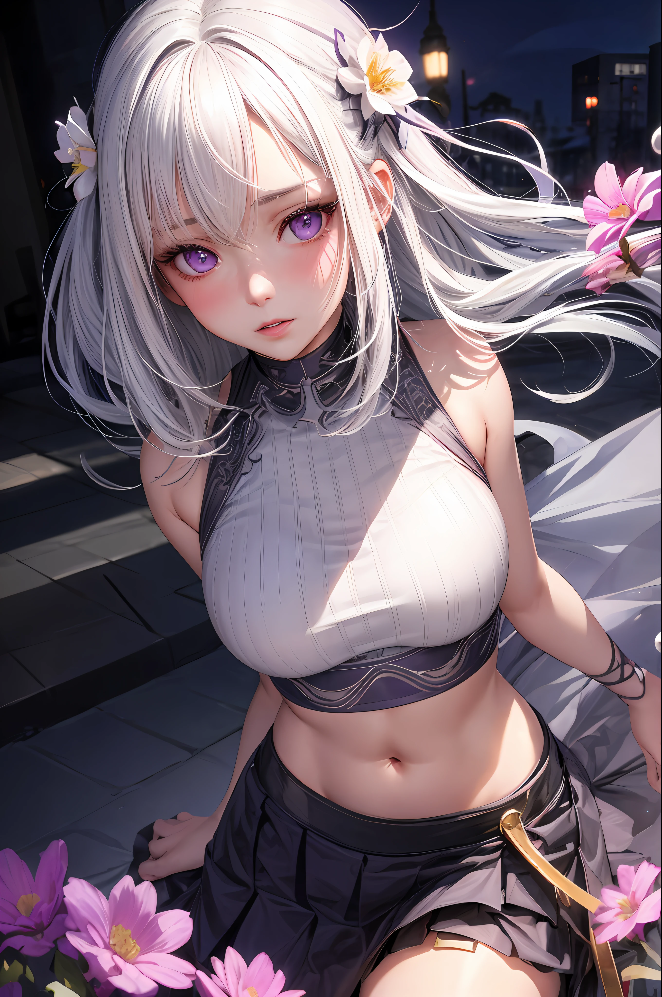 realistic, 1girl, white hair, purple eyes, glowing eyes, crop top, skirt, parted lips, blush, night, flowers, sun, sunlight