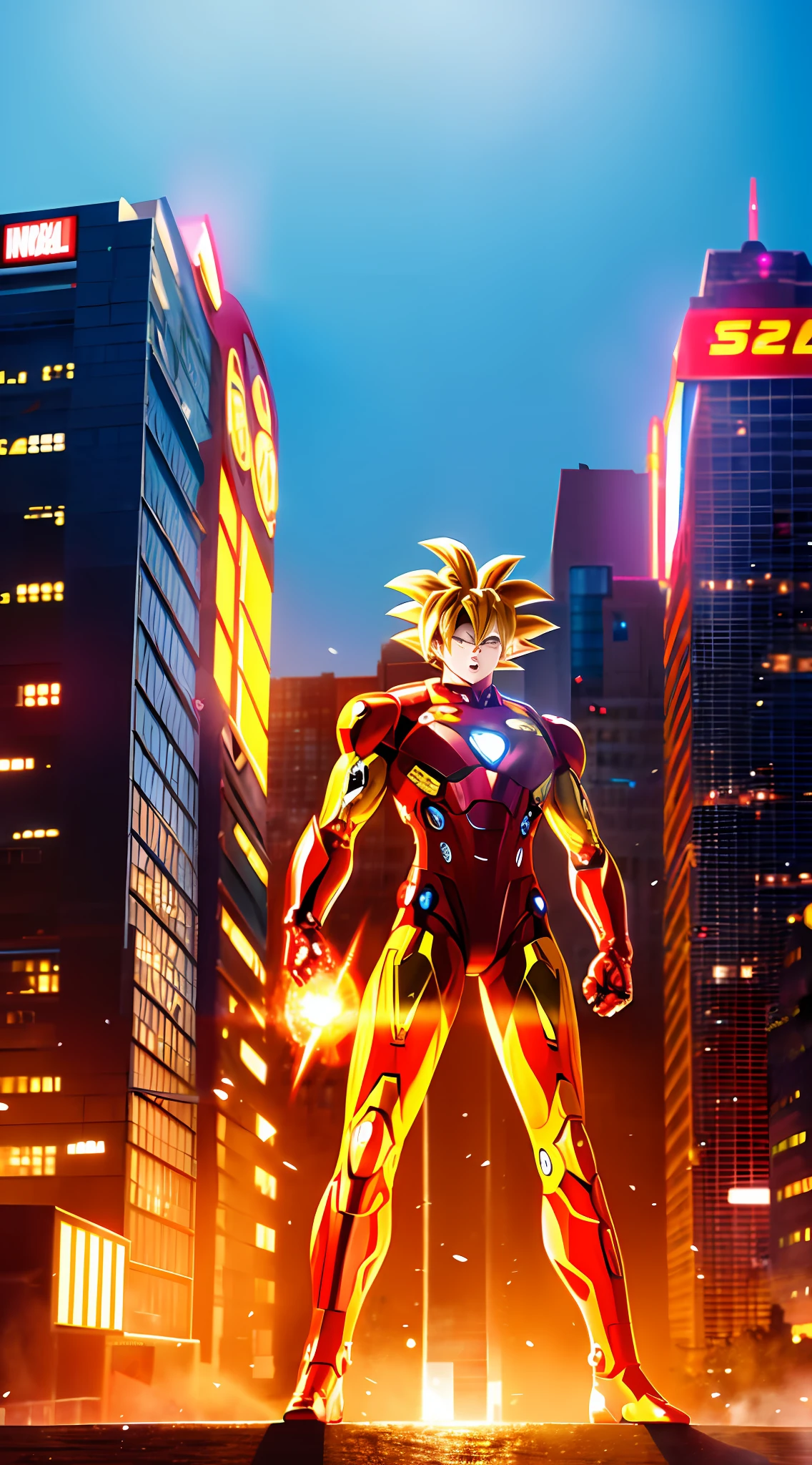 Super Saiyan Goku, wearing Iron Man suit, standing in front of a building, Iron Man, like Iron Man, cyberpunk Iron Man, Iron Man, HQ 4K wallpaper, Emma Watson as Iron Man, movie body shot, movie full body shot, hero pose colorful city lighting, Marvel style, covered with full metal armor, HQ 4K mobile wallpaper