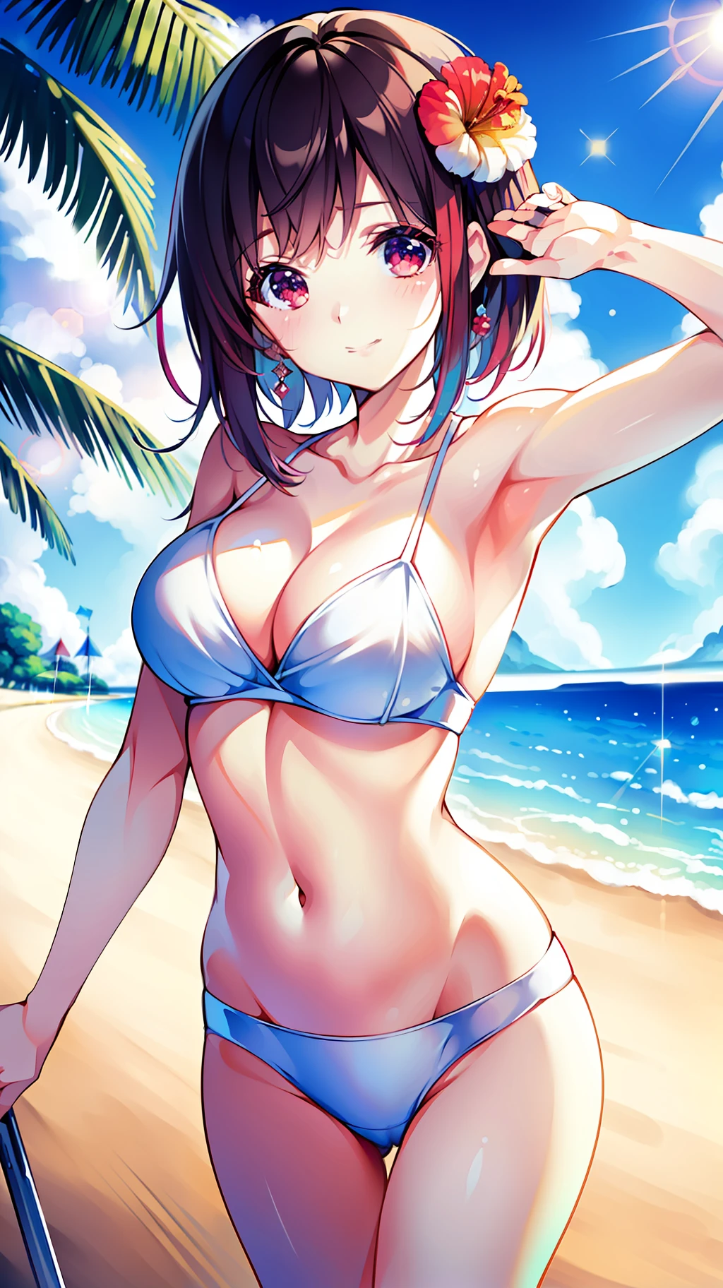 (masterpiece, best quality, 8k, highres:1.2), white bikini, smile, hibiscus, sunlight, beach, lens flare,