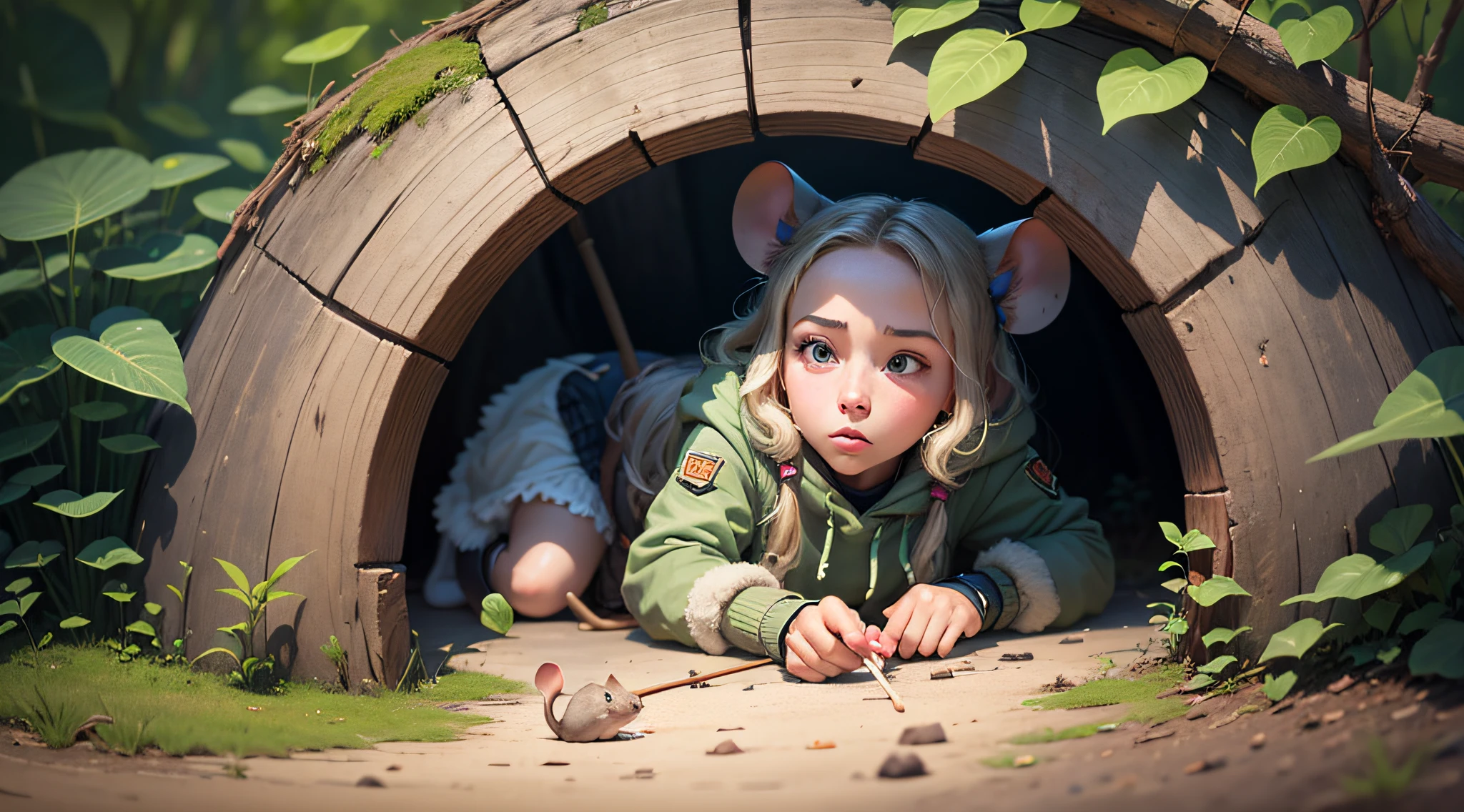 The girl lies on the ground and pokes the mouse hole with a stick