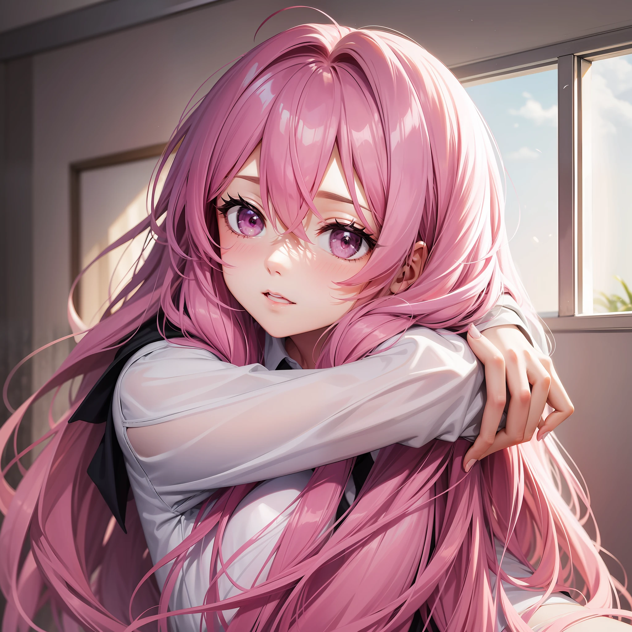 Girl Hugging Pink Hair Long Hair School Top Quality Masterpiece