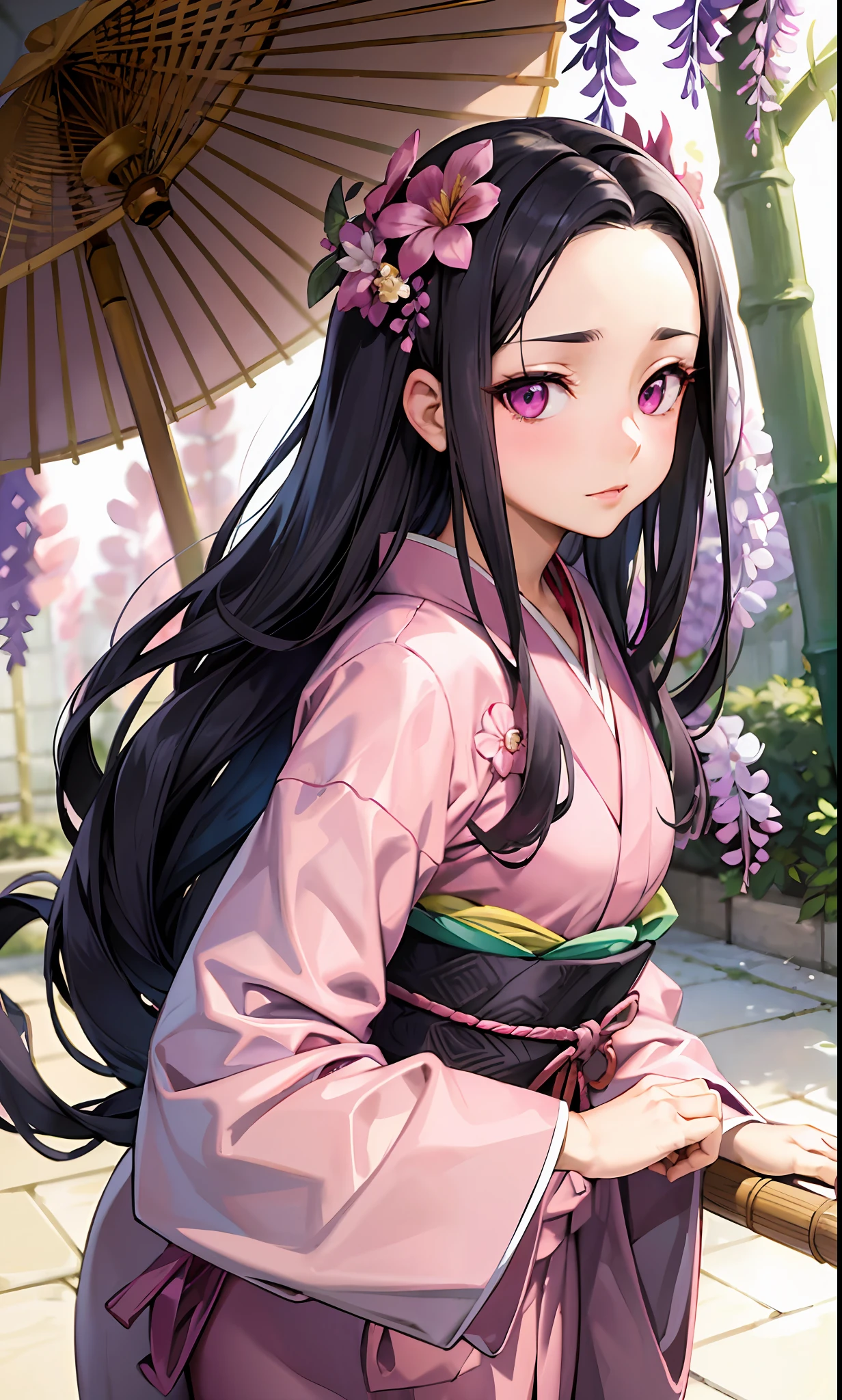 masterpiece, (pink kimono), seductive face, good lighting, décolleté, fine details, masterpiece, glowing eyes, 1girl, black hair, gag, bamboo, Nezuko Kamado, wisteria background, masterpiece, best quality, POV, whole body, wide hips,