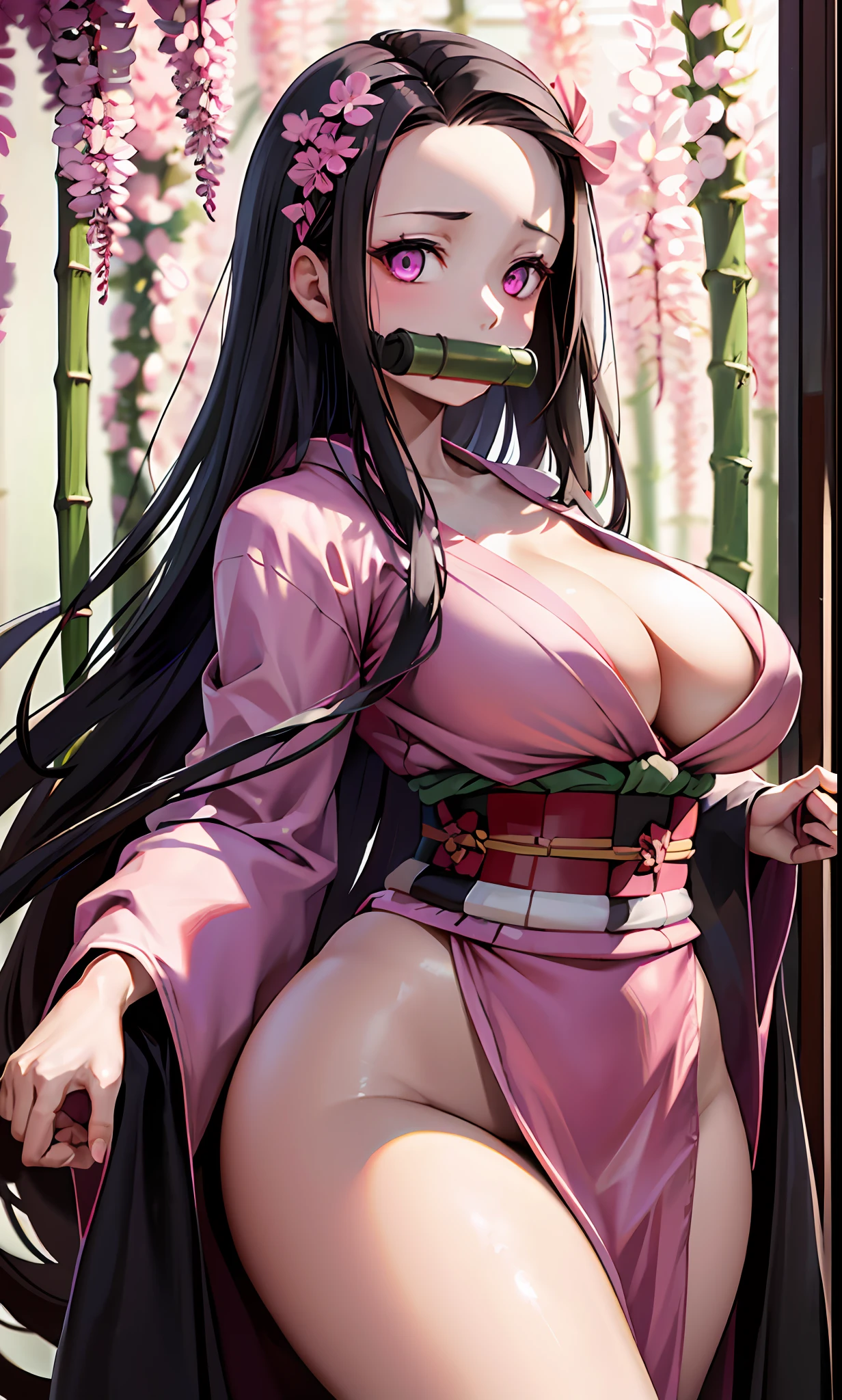 masterpiece, (pink kimono), seductive face, good lighting, décolleté, fine details, masterpiece, glowing eyes, 1girl, black hair, gag, bamboo, Nezuko Kamado, wisteria background, masterpiece, best quality, POV, whole body, wide hips,