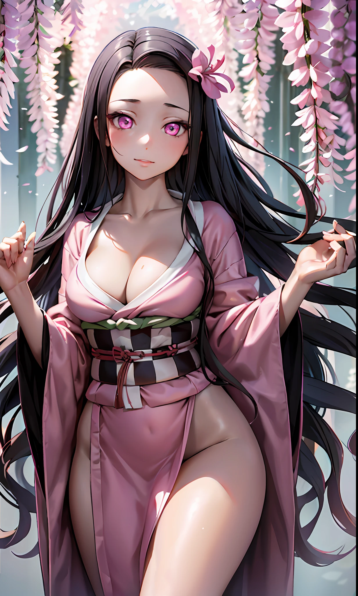 masterpiece, (pink kimono), seductive face, good lighting, décolleté, fine details, masterpiece, glowing eyes, 1girl, black hair, gag, bamboo, Nezuko Kamado, wisteria background, masterpiece, best quality, POV, whole body, wide hips,