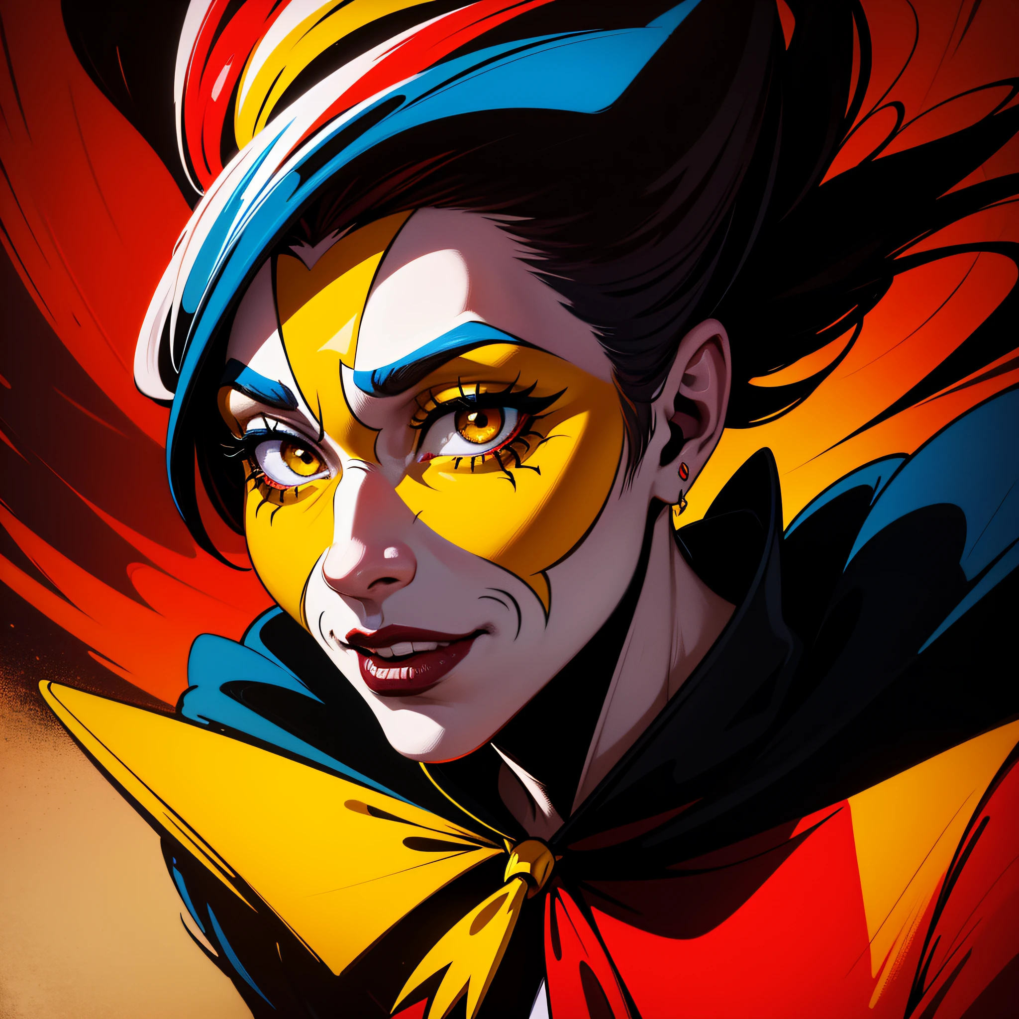 An image of a stunning portrait of a [Jester], painted in a bold and expressive style, illuminated by a dramatic spotlight, extremely detailed, ultra realistic, 10k high resolution, in the style of caricature, cartoon, manga, Pop Art, Surrealism, Abstract Expressionism, Red, Yellow and Black