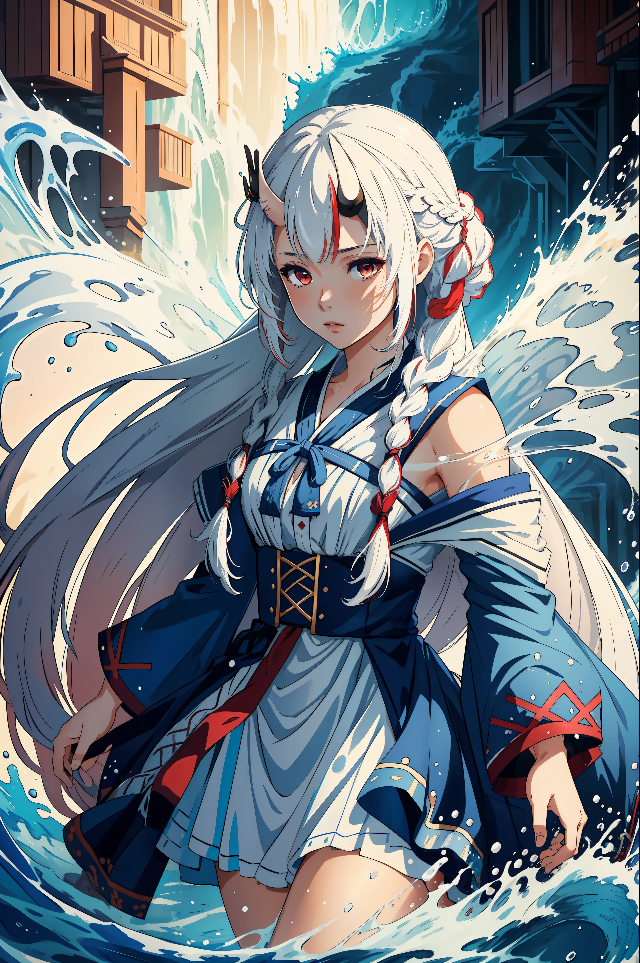 (masterpiece, best quality), intricate details, 8k, artstation, wallpaper, official art, splash art, sharp focus,
1girl, Nakiri Ayame, long hair, braids, white hair,
liquid clothes, water, blue dress,