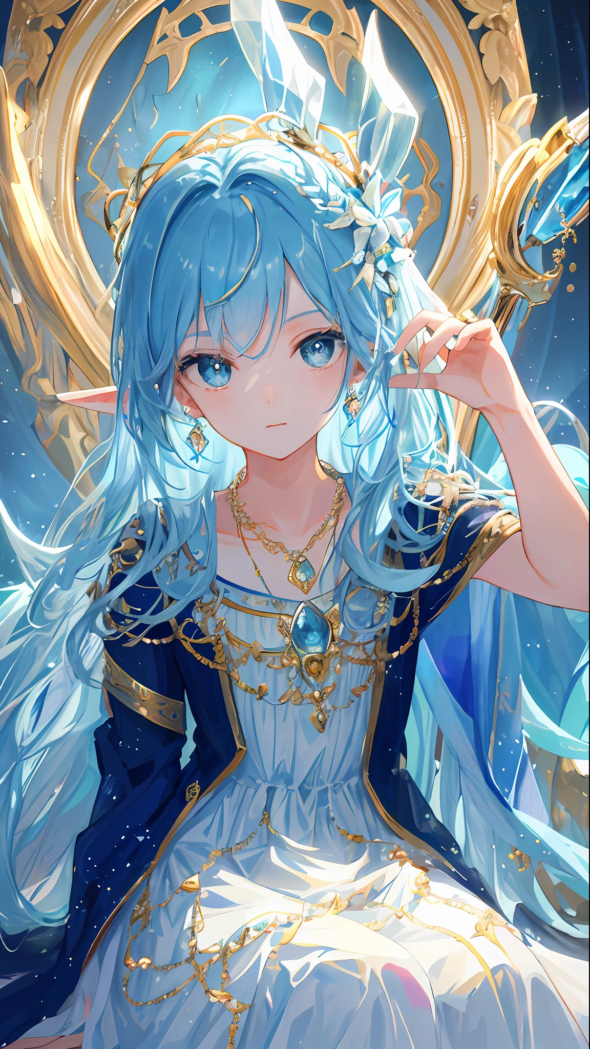 A woman with blue hair sitting in a chair with a blue dress - SeaArt AI