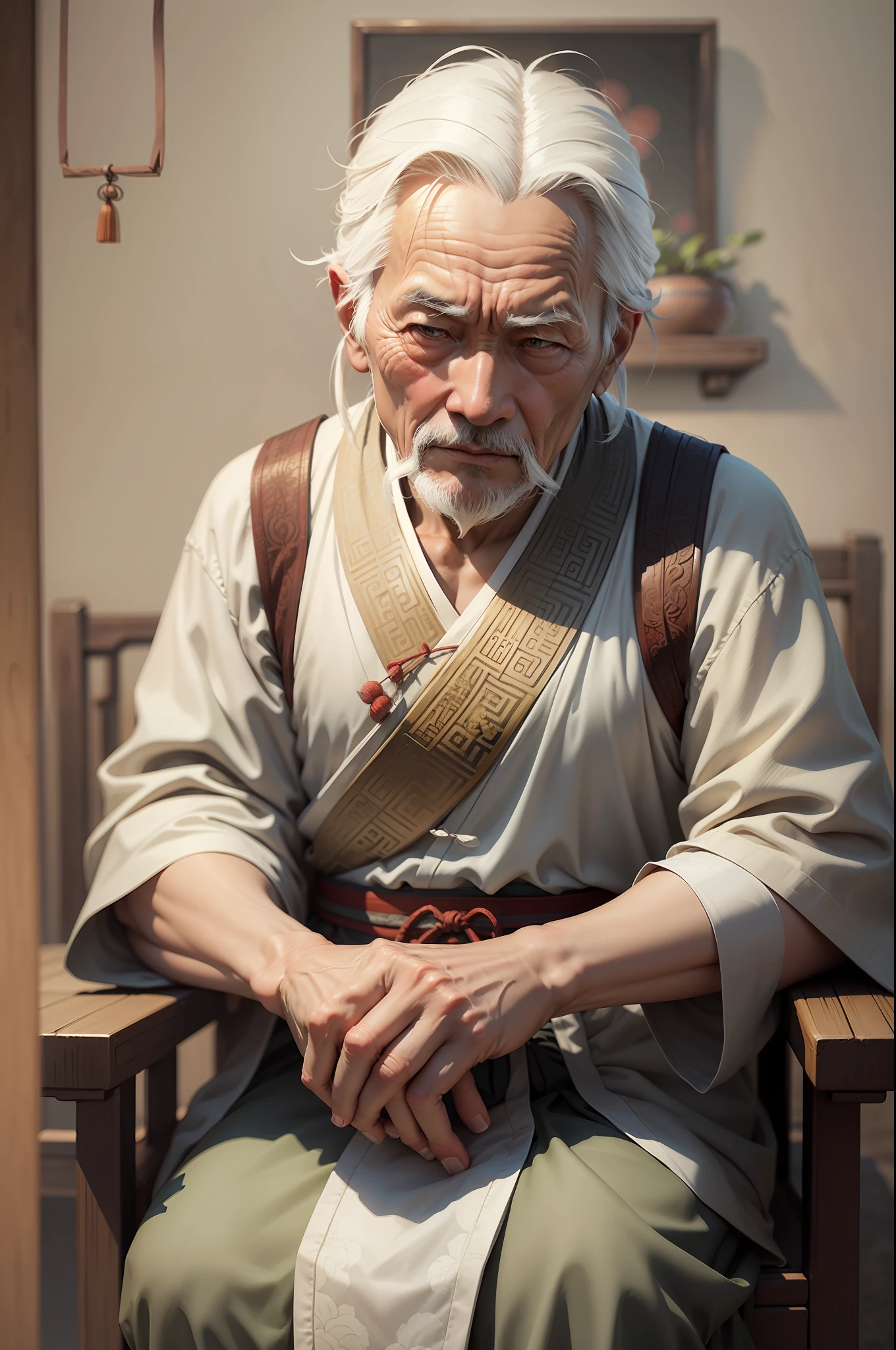 Ancient China, ancient style, old man, wearing simple Han clothes, thin with a sense of sadness, white hair looks particularly fresh. Masterpiece, chinoiserie, best quality. --auto --s2