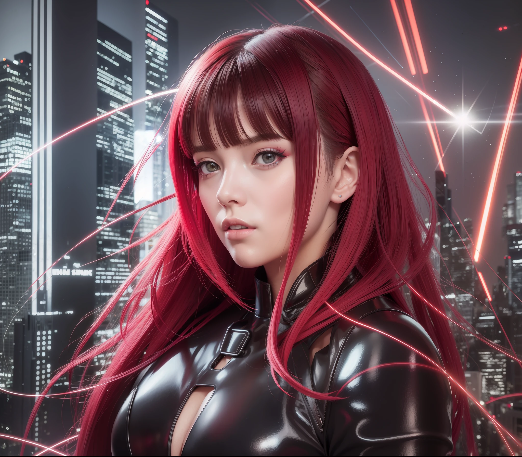 Young and beautiful Russian woman in shiny red and black futuristic clothes as cyberpunk character in neonninja style, futuristic city. Red neon color, 18-year-old gravure idol, hair mixed with red, black and silver, emphasis on coolness, provocative expression, night, glittering red neon, futuristic, concept art, blade runner worldview, Ghost in the Shell worldview, painting, illuminated, close-up, detail, sparkling.