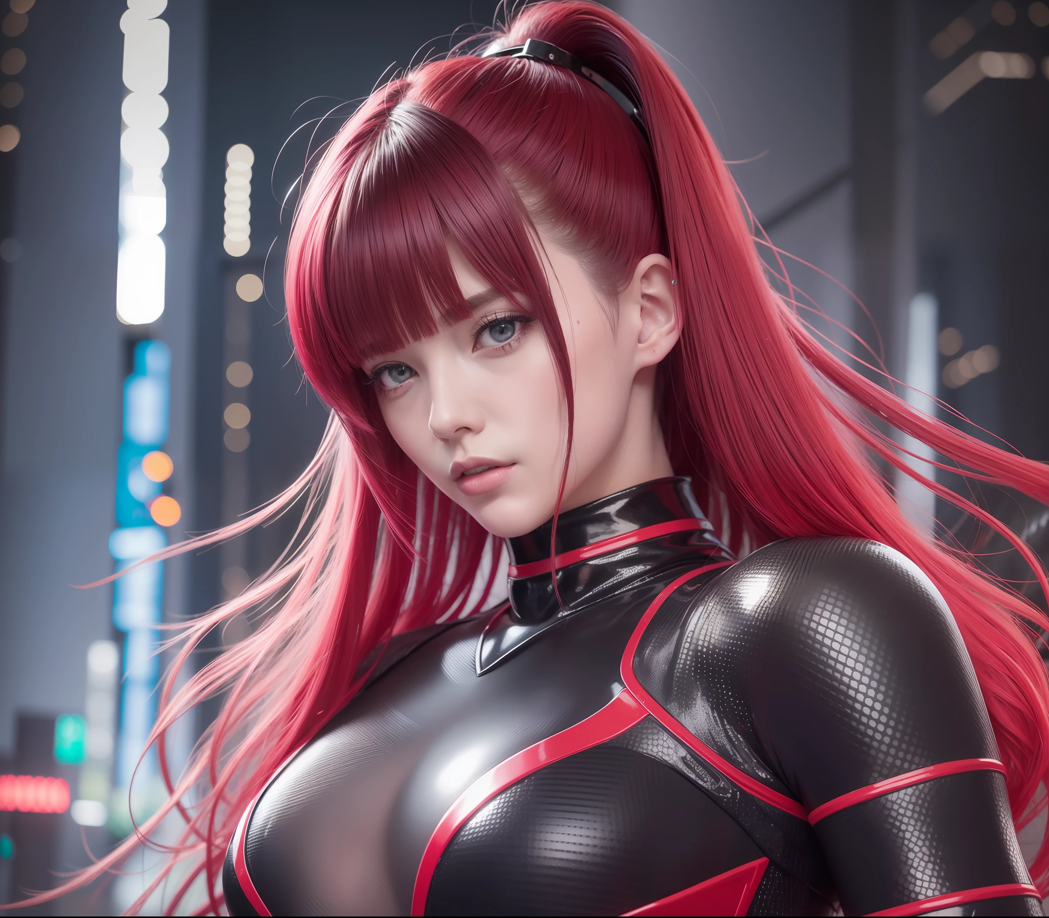 Young and beautiful Russian woman in shiny red and black futuristic clothes as cyberpunk character in neonninja style, futuristic city. Red neon color, 18-year-old gravure idol, hair mixed with red, black and silver, emphasis on coolness, provocative expression, night, glittering red neon, futuristic, concept art, blade runner worldview, Ghost in the Shell worldview, painting, illuminated, close-up, detail, sparkling.