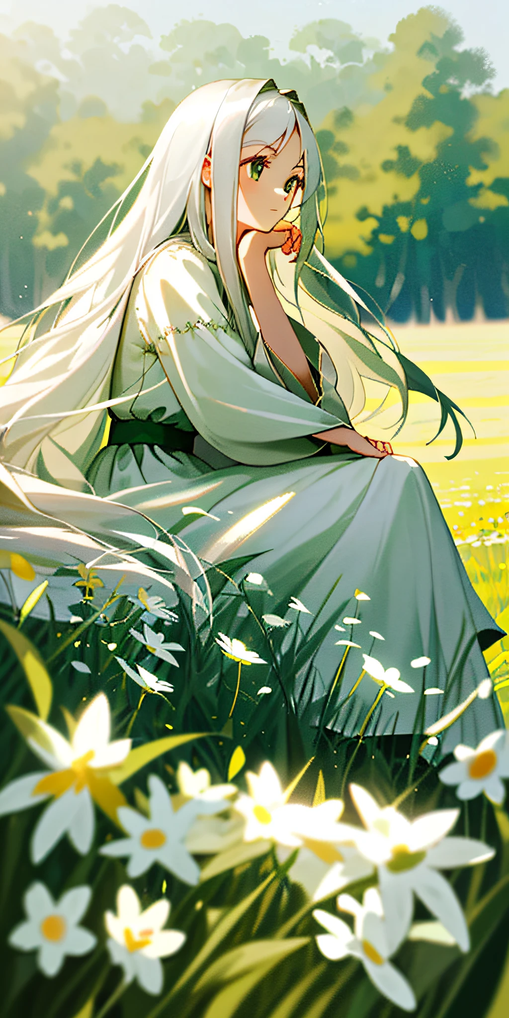 (Masterpiece, best quality, finest), a girl with long white hair sitting in a field of large green grass and flowers, hand holding chin, soft lighting, white dress, blurred foreground,