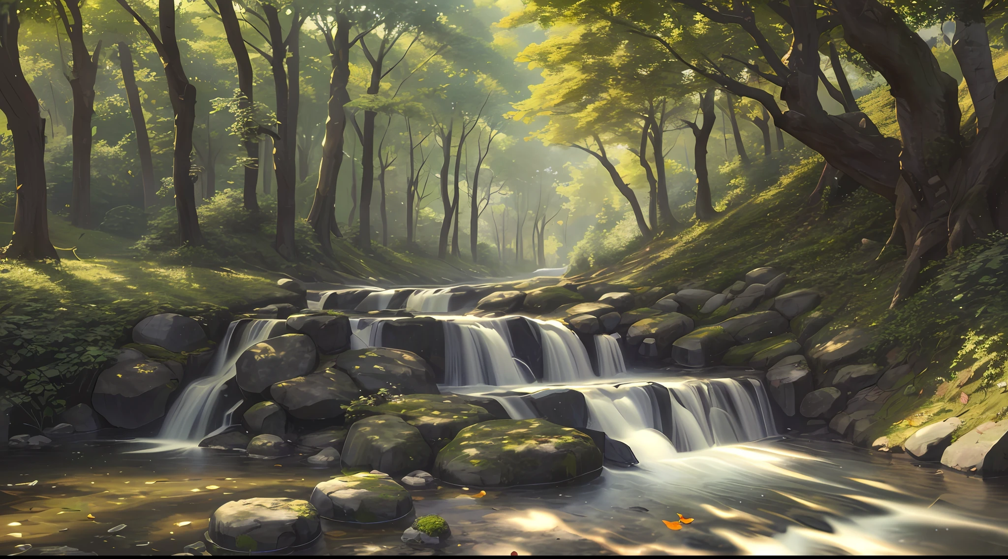 ((masterpiece,best quality,ultra detailed,ultra high res)),woods,falling leaves, stone, bush, dappled sunlight, brick road, river,