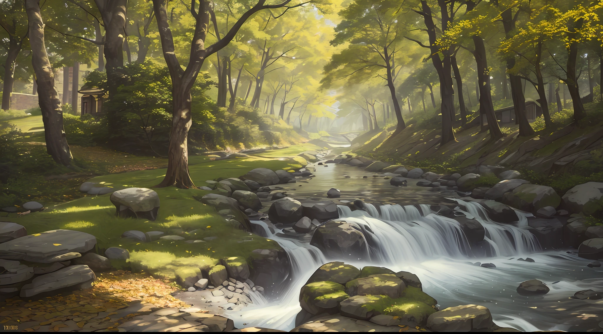 ((masterpiece,best quality,ultra detailed,ultra high res)),woods,falling leaves, stone, bush, dappled sunlight, brick road, river,