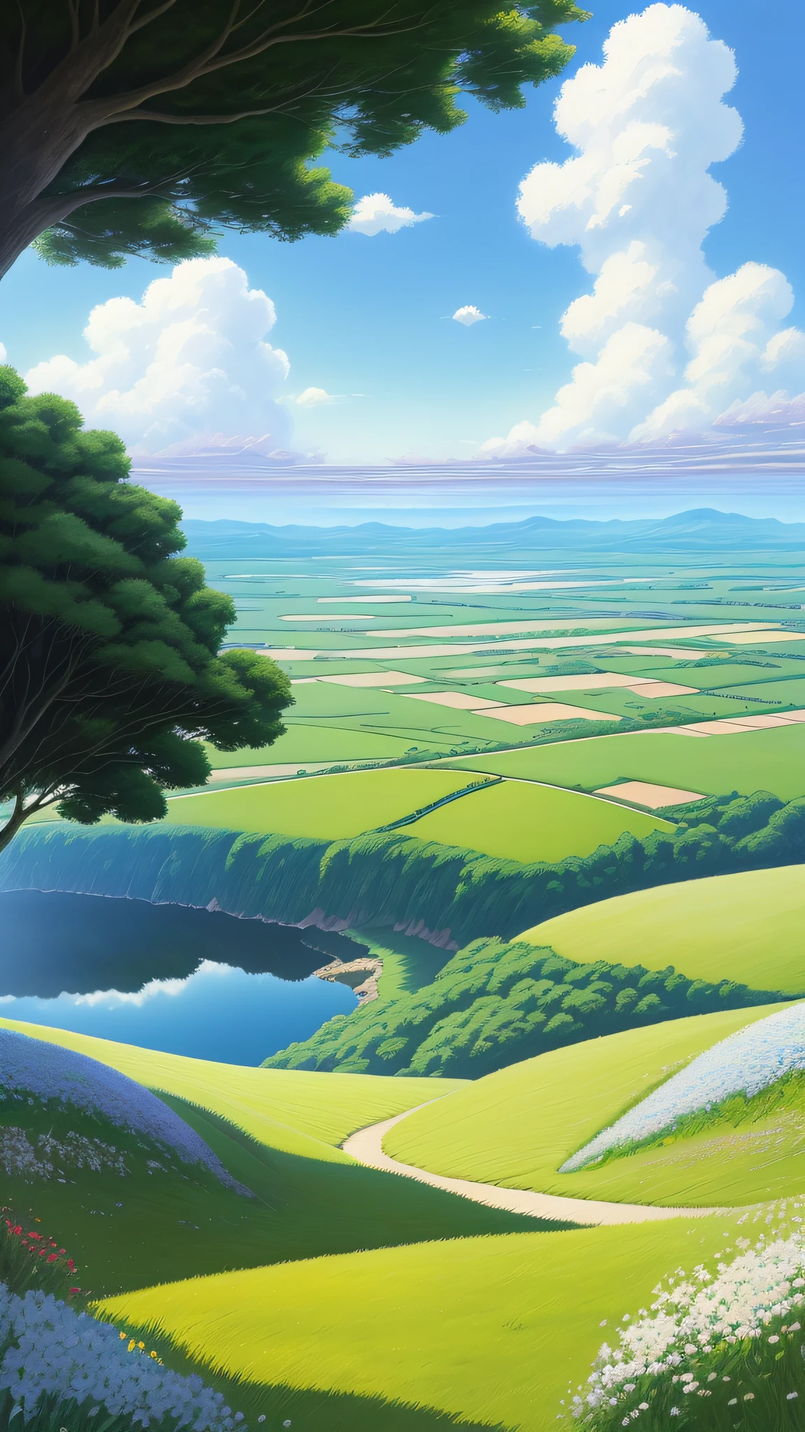 Realistic, authentic, beautiful and amazing landscape oil painting Studio Ghibli Hayao Miyazaki's petal grassland with blue sky and white clouds --v6