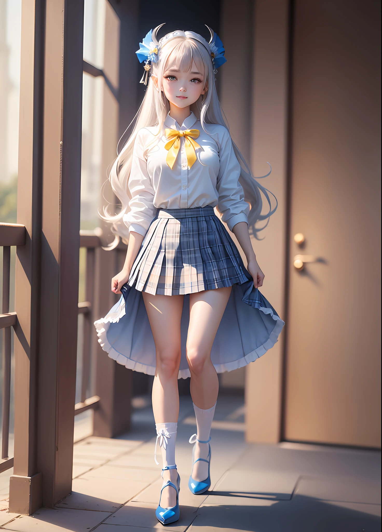 1girl, (anatomically correct), full body, (white shirt:1.1), (plaid skirt: 1.1), school sportswear, white lace skirt, blue stockings, blue high heels, broken [blue: pink: 0.5] theme, (gradient background: 1.1), long hair, chinese dragon horn hair ring, yellow eyes, smile, delicate headdress, clay texture, blind box toy style, sideways, panorama, (masterpiece: 1.1), (best quality: 1.1) --auto --s2