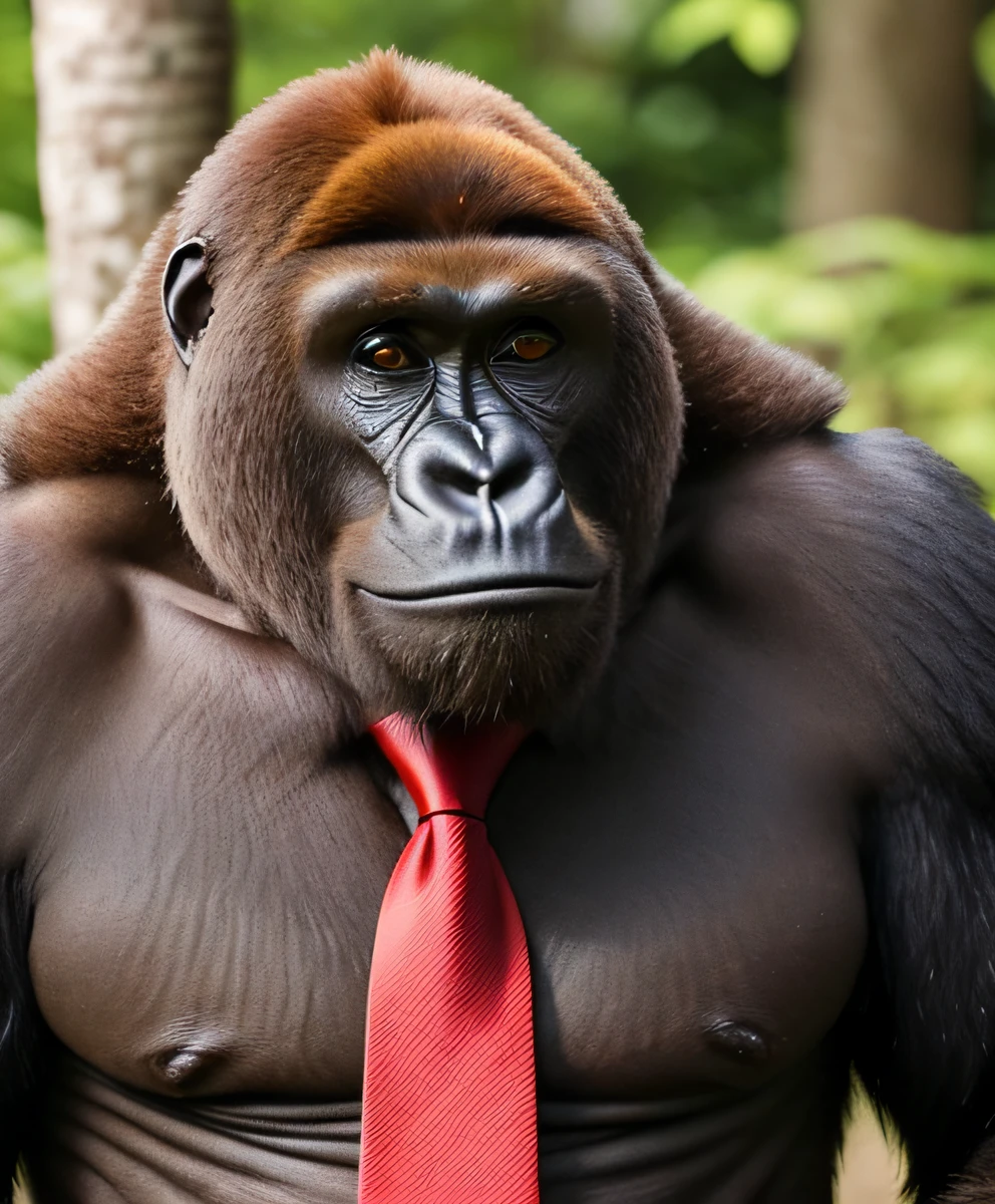 a photo of a brown gorilla as a with red tie, smiling, friendly, ultrarealistic, natural, zoo
