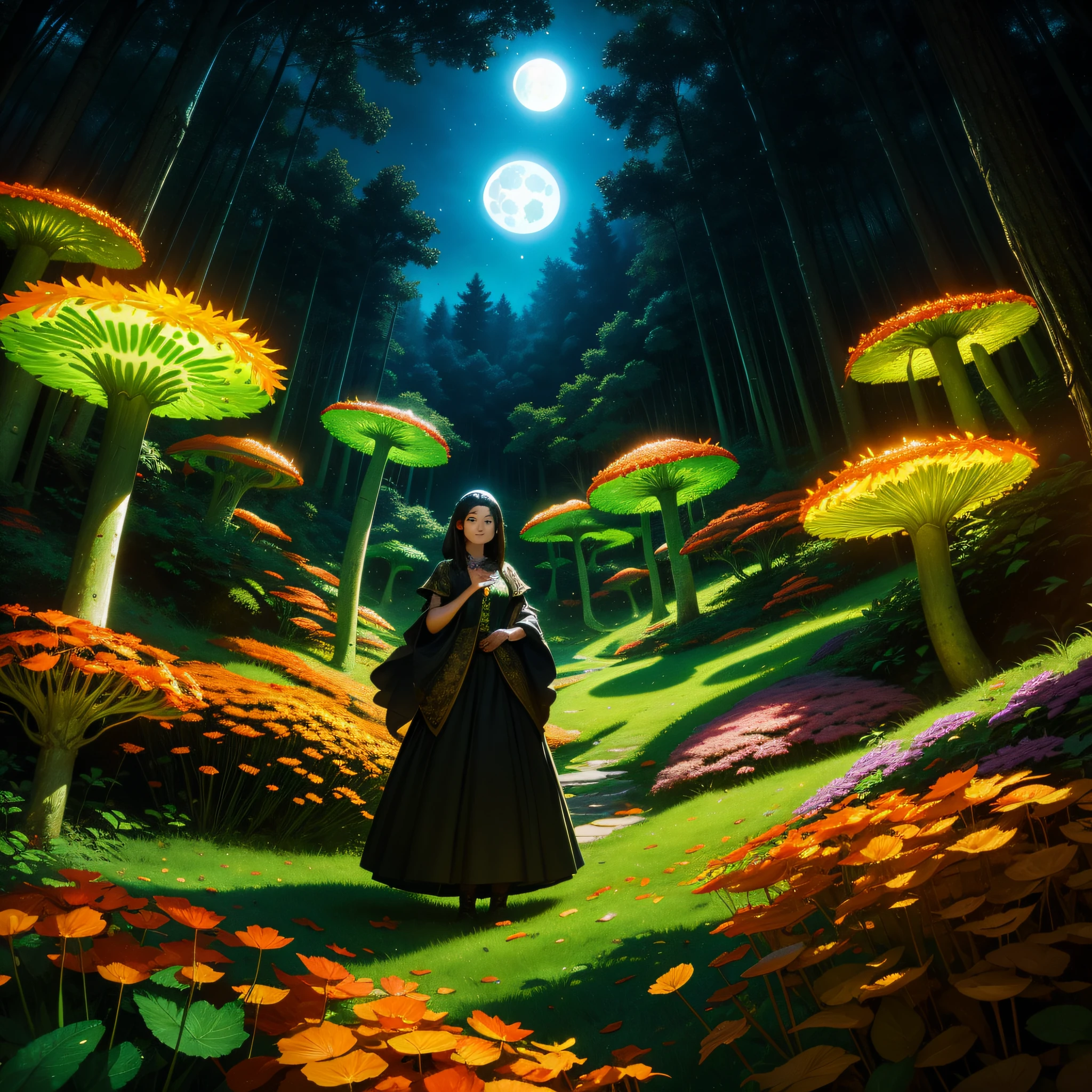 A photograph of a woman made entirely of leaves, standing in a vibrant valley of fluorescent mushrooms with a small dragon curled around her arm. The leaves appear to be blowing away creating a natural phenomenon of colors. The scene includes a full moon and is shot in HDR with a fisheye effect.