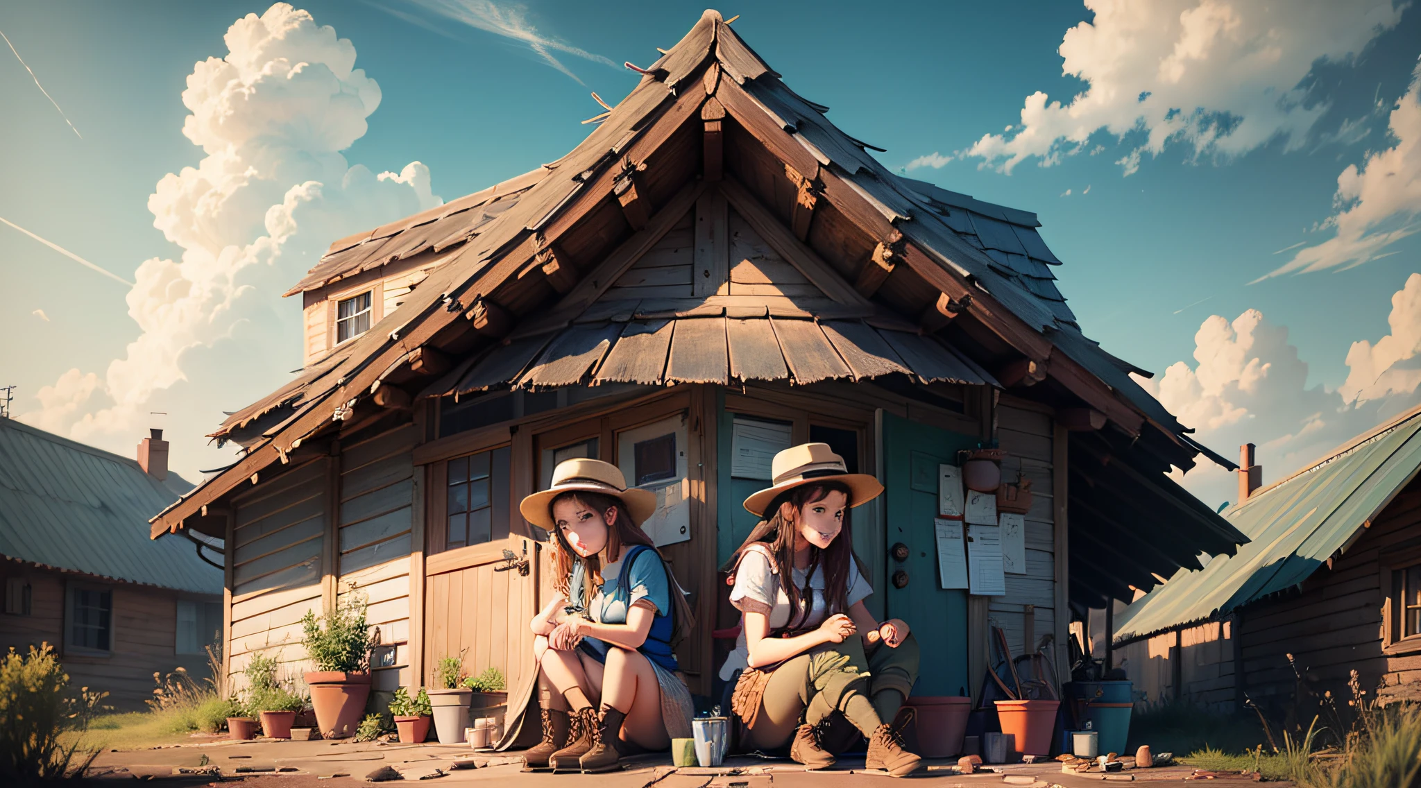 The two girls mend the broken roof together