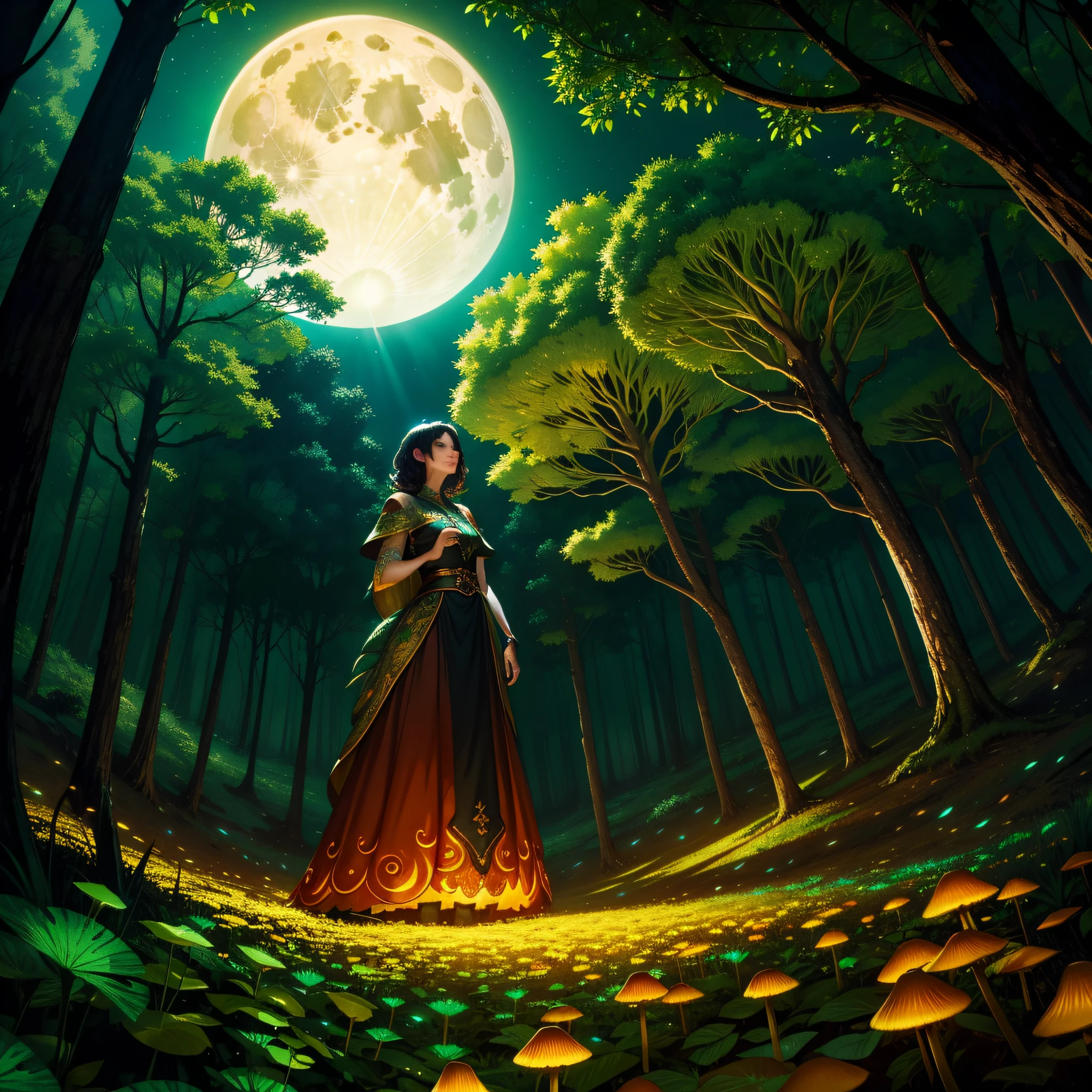 A photograph of a woman made entirely of leaves, standing in a vibrant valley of fluorescent mushrooms with a small dragon curled around her arm. The leaves appear to be blowing away creating a natural phenomenon of colors. The scene includes a full moon and is shot in HDR with a fisheye effect.