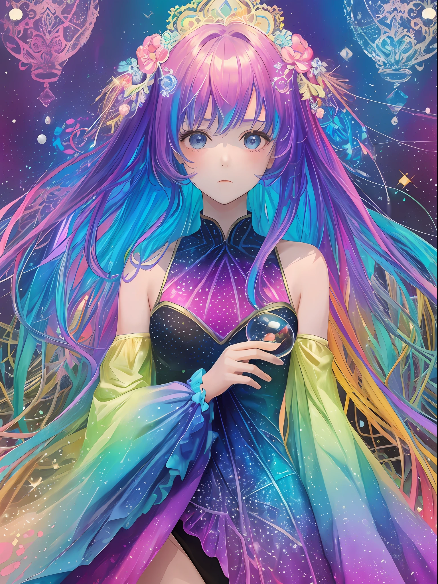 (Masterpiece, Best Quality, Best Quality, Official Art, Beautiful and Aesthetic: 1.2), (1 Girl: 1.3), (Fractal Art: 1.3), Disney, Colorful Fairy, Dotted Pattern, Upper Body, Side, Watching Viewer, Pattern, (Iridescent Hair, Colorful Hair: 1.2), Long Hair, (A lot of soap bubbles, various sizes, various colors, very colorful, luminous, floating) night, luminous girls, bare shoulders,very colorful leotards,polka dot leotards,),sad face,transparent world,look at me,