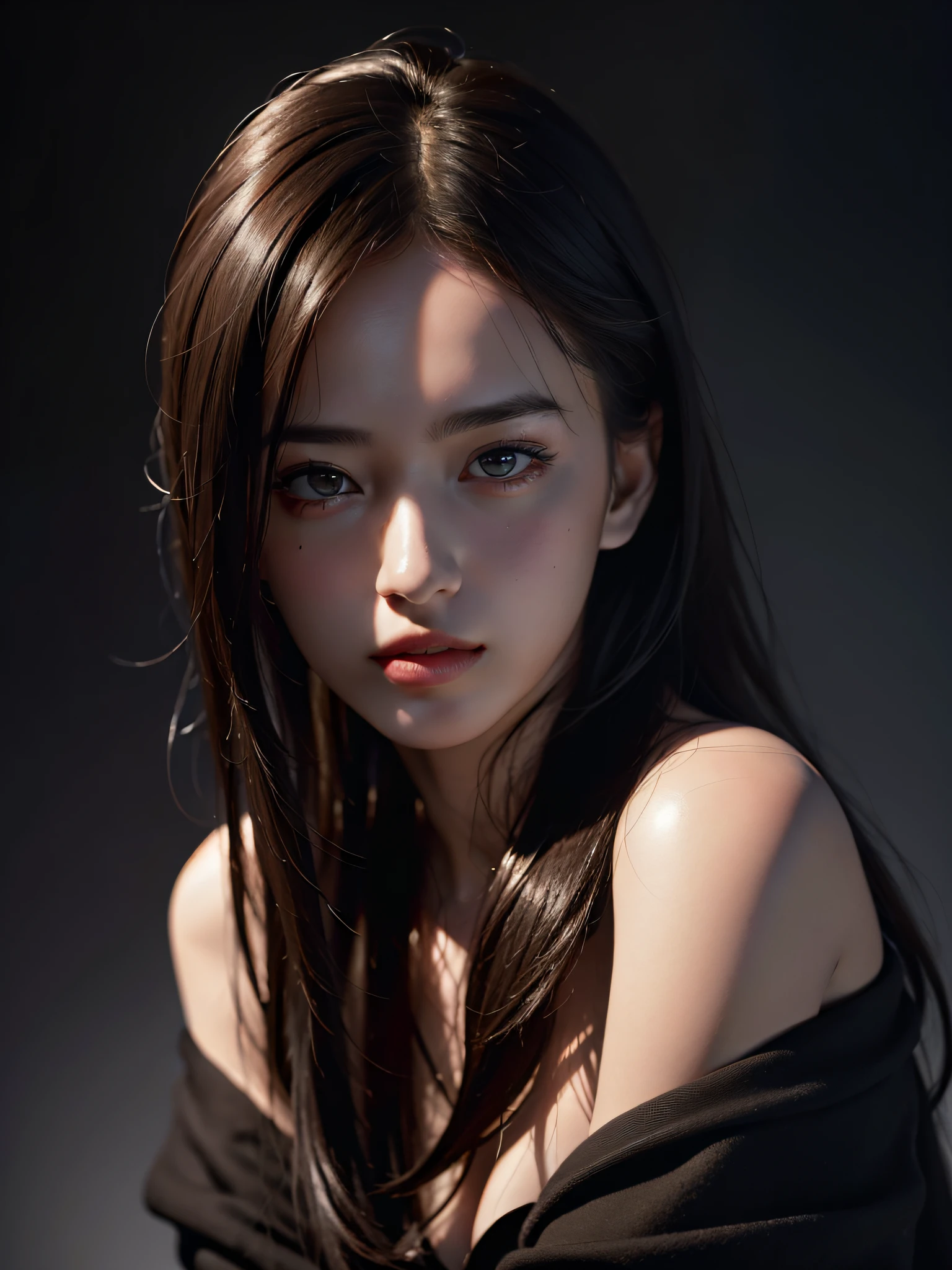 A woman with long hair and a black top posing for a picture - SeaArt AI