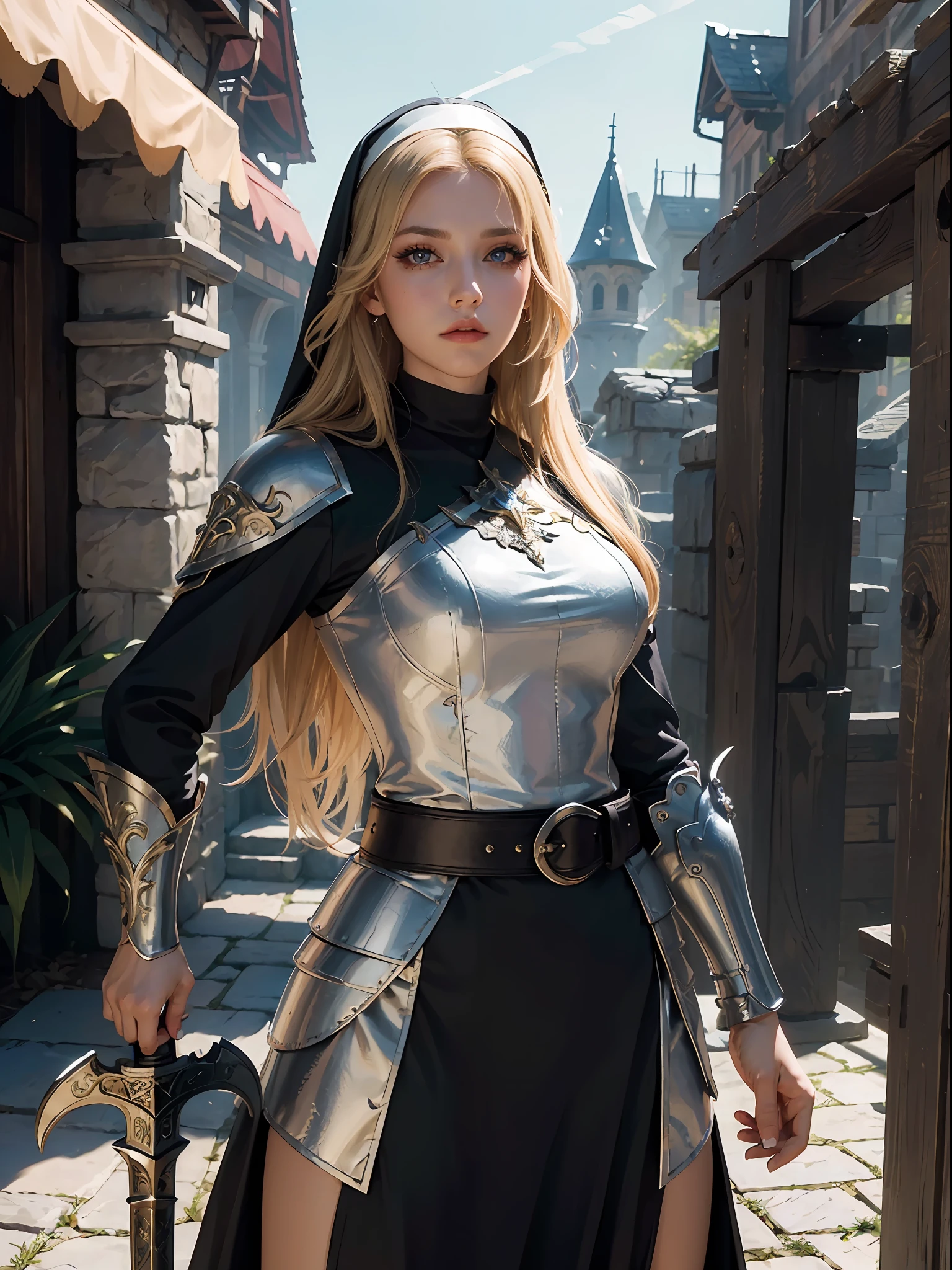 (masterpiece:1.2), (best quality:1.2), perfect eyes, perfect face, volumetric lighting, 1girl, mature female warrior nun, MILF, armor, robe, blonde hair, pauldron, sword, belt, stern expression, fantasy, outdoor, detailed background, makeup, lipstick, eyeshadow, mascara, thick eyelashes