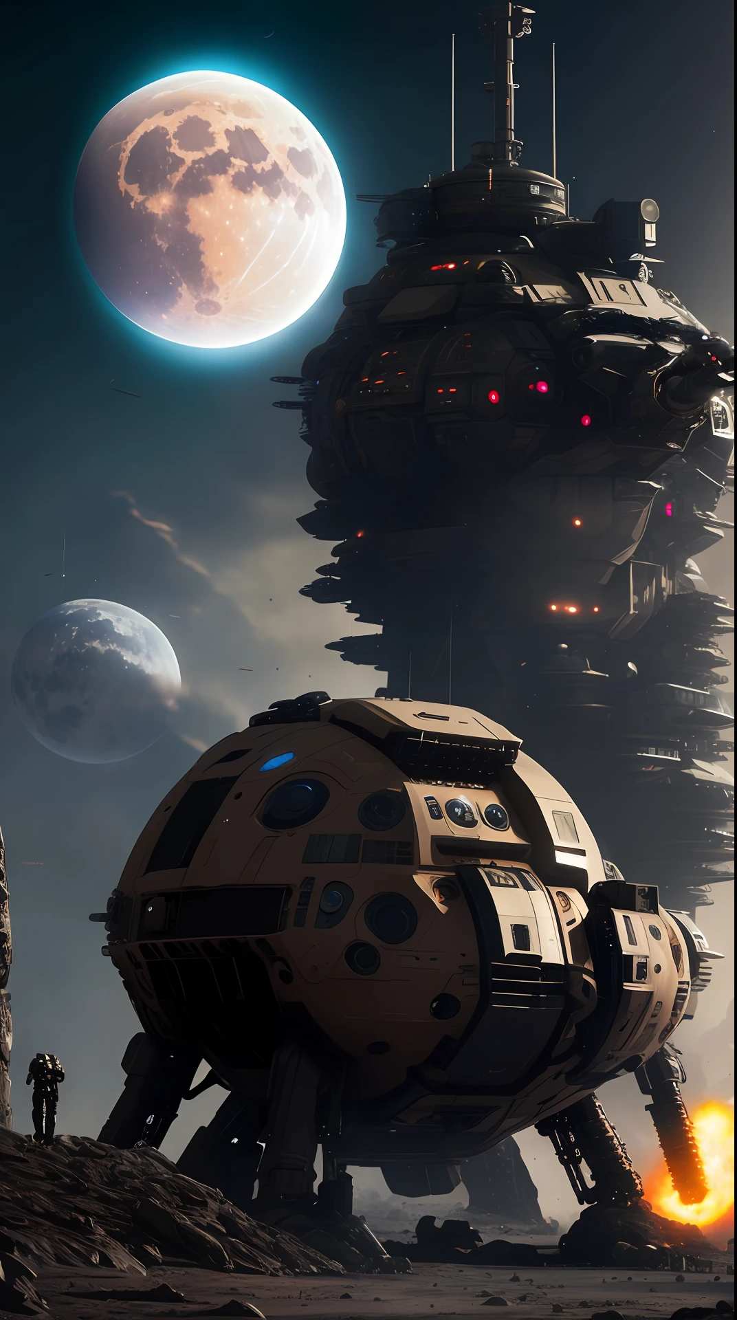 Sci-fi, complex dynamic action shots of huge weapons on the moon, wide angle, cinema Alessandro Casa Grande, Greg Rutkowski, Sally Mann, concept art, sci-fi, 2 atmospheres, detailed face and eyes, masterpiece, best quality, very detailed photo: 1, 8k, detailed face, realistic background explosion