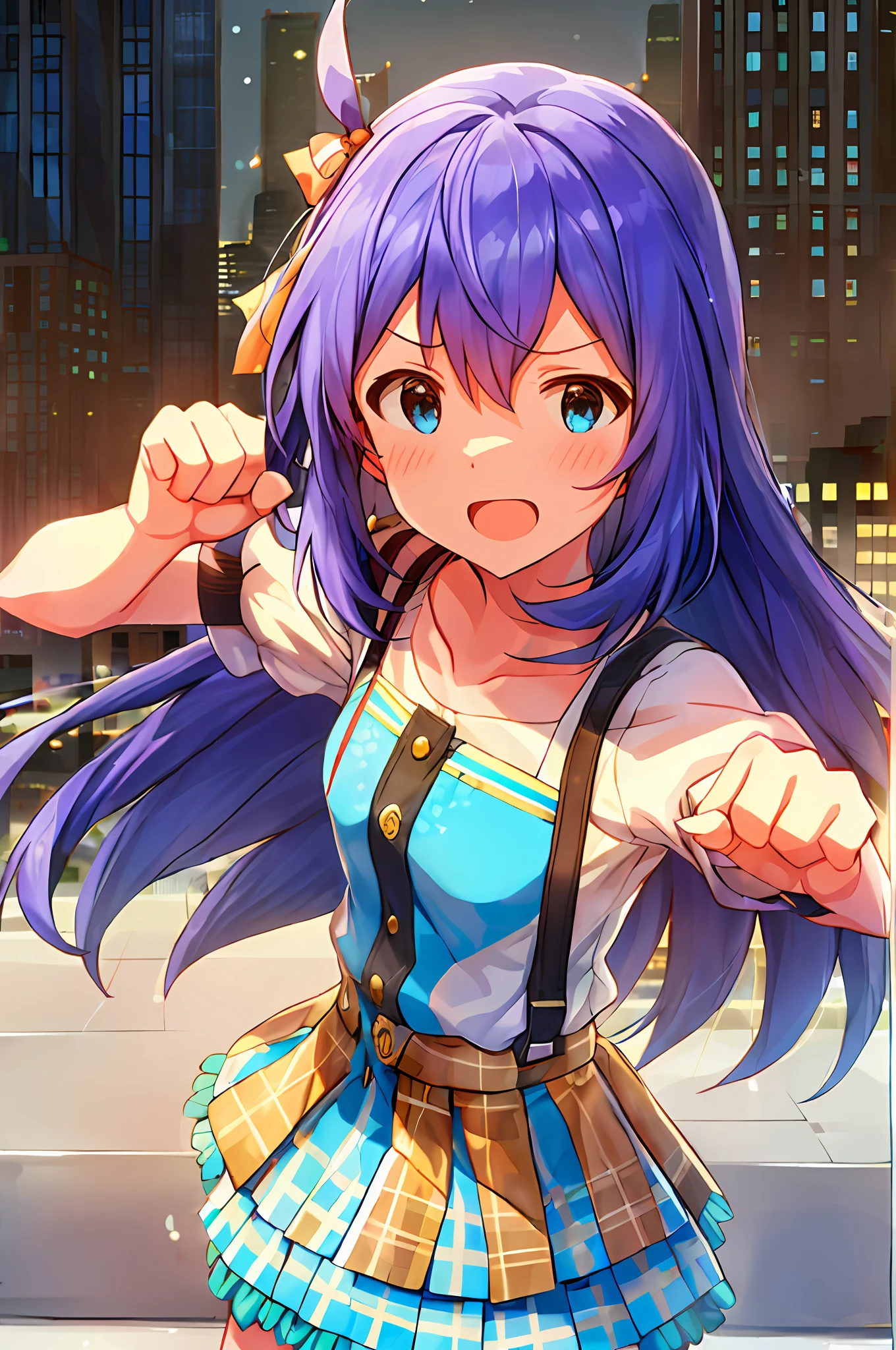 Anna Mochizuki (Million Live), (Top Quality, 8K, Masterpiece, Super Detail: 1.2), 1 Girl, Solo,, Smile, Open Mouth, V, Watch Audience, Blush, Clavicle, Bow, Ribbon, Blue Bow.Suspenders.White T-shirt.Skirt. (((fighting stance))).,dynamic focus.small breasts(((外)))). (((fighting stance))).,((((Giantization))).dynamic focus.small breasts. (((skyscrapers))). (((Cityscape))). (((Face of sadness))). open mouth