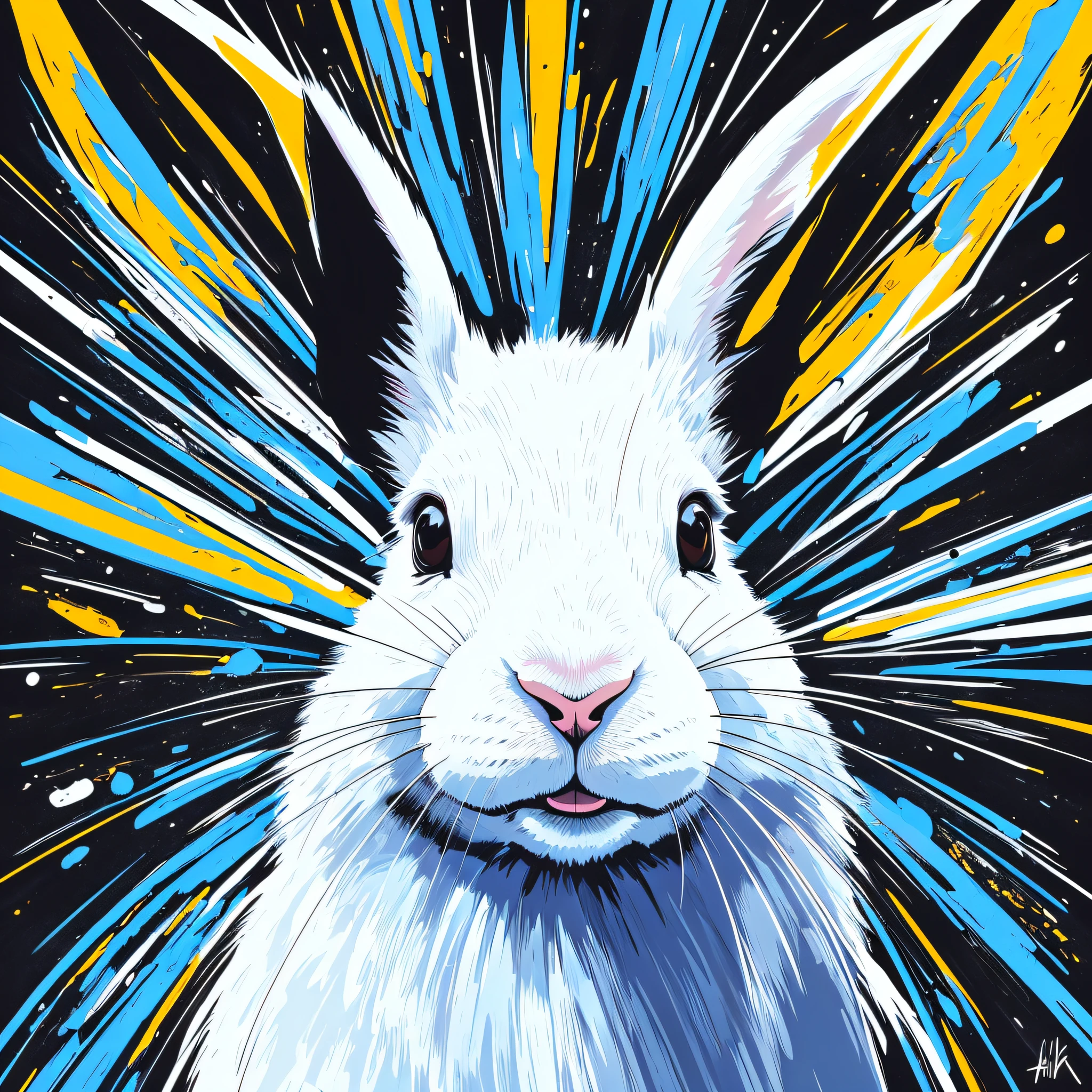 An image of a striking portrait of a [Happy Rabbit Animal], painted in a bold and expressive style, illuminated by a dramatic spotlight, extremely detailed, ultra realistic, 10k high resolution, in the style of caricature, cartoon, manga, Pop Art, Surrealism, Abstract Expressionism, White, Black and Blue --auto --s2