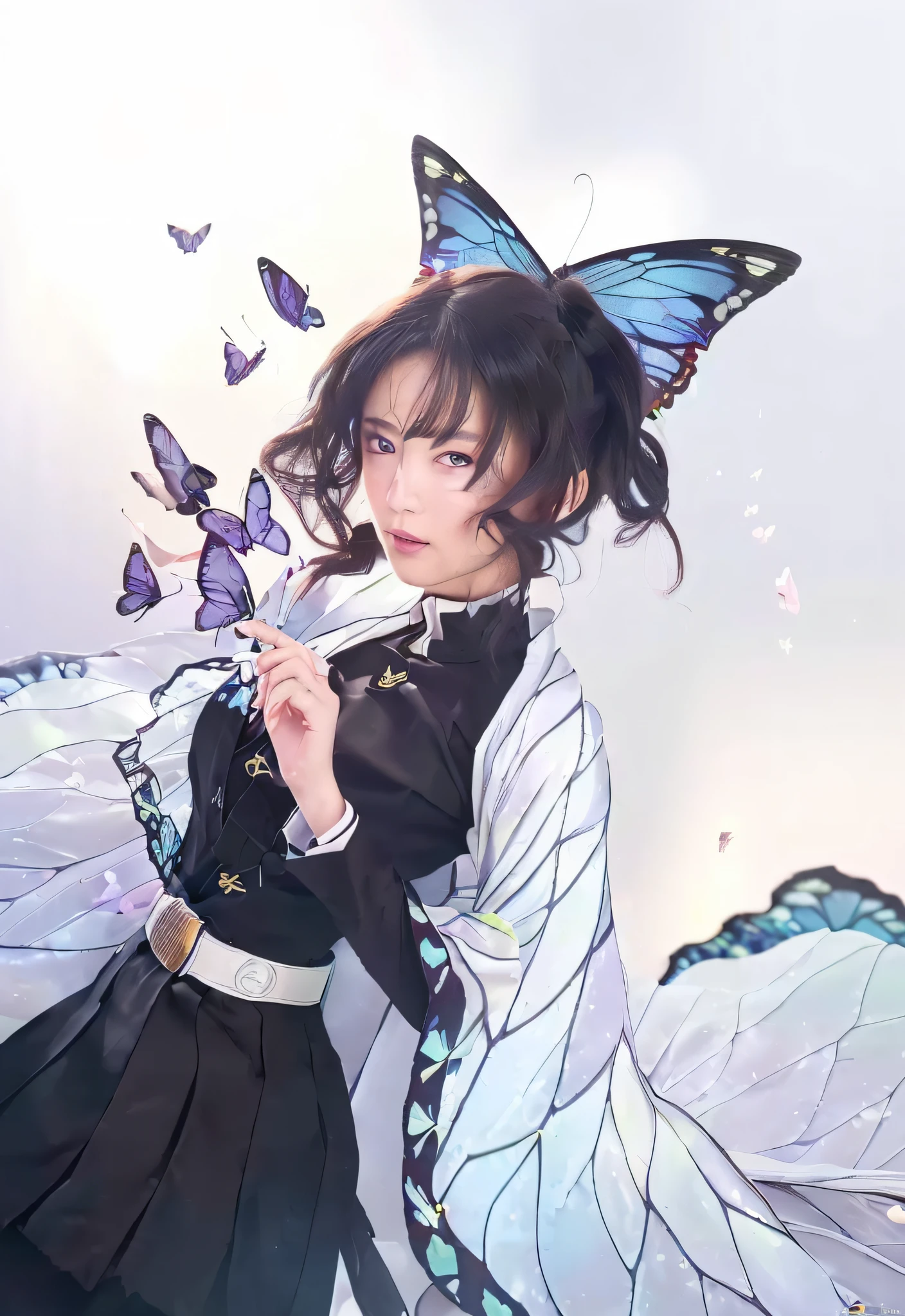 (((Top quality, 8k, Masterpiece: 1.3)), RAW photo, portrait, best quality, ultra high resolution, realistic, cinematic lighting, depth of field, lens flare, ultra-detailed face, highly detailed lips, detailed eyes, double eyelids, fluttering butterflies, large butterfly hair ornament, katana at waist