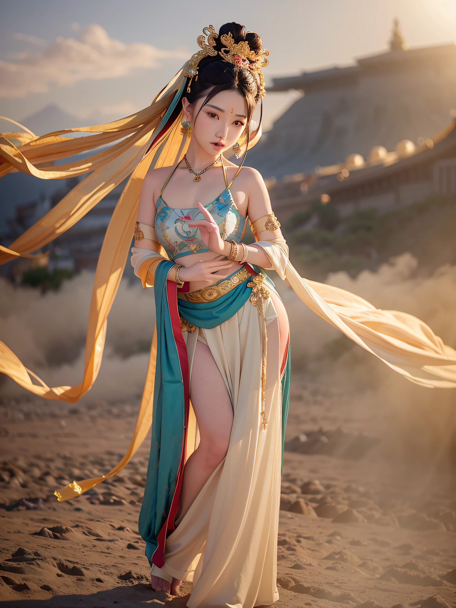 NSFW, Masterpiece, Best Quality, Full Body Shot, (Dark Photo: 1.3), Realistic, 1 Girl, Urzang, (PureErosFace_V1:0.7), 1 Girl Under the Moon ((Flying)), Chinese Immortals, dunhuang_cloths, dunhuang_style, (Chinese palace in the sky in the background: 1.5), (clouds on the ground: 1.5, surrounded by smoke: 1.5), best quality, realistic, realistic, award-winning illustrations, (complex details: 1.2), (fine details), (intricate details), (cinematic light, best quality backlight), clear lines, fashion girl, sharp focus, realistic face, detailed face, official art, Unity 8k wallpaper, super high resolution, (realistic: 1.5), looking at the viewer, ulzzang-6500，