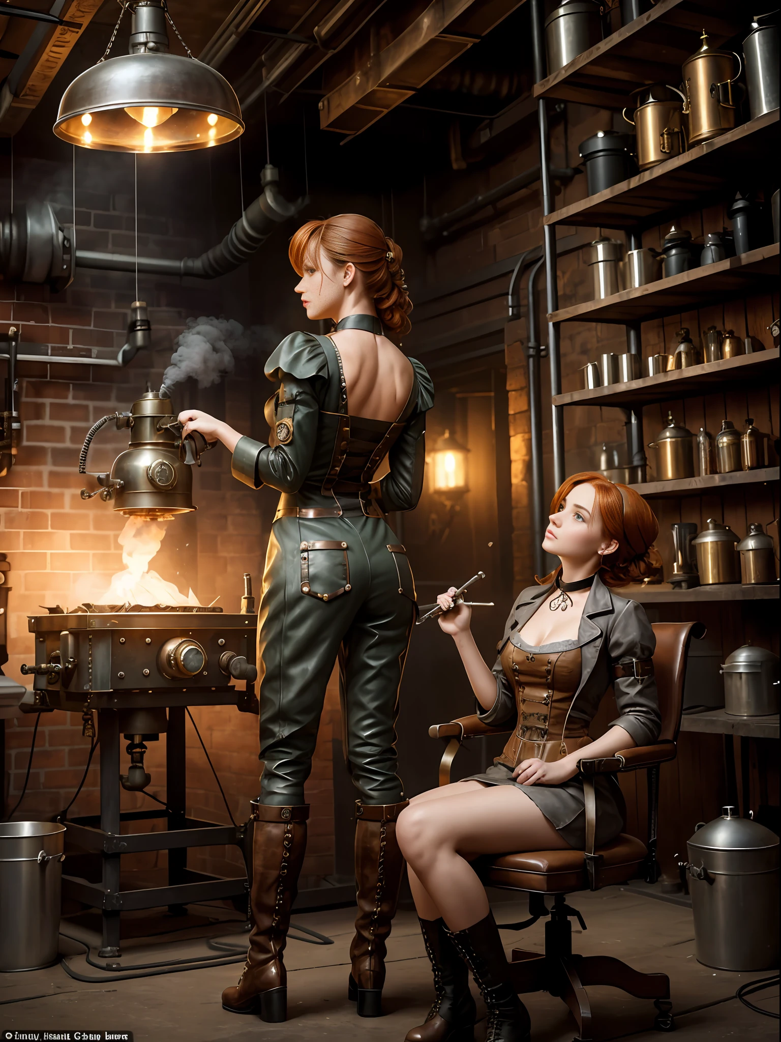 perfect anatomy, realistic character, hyper photorealism, very high contrast lighting, cinematic lighting, dramatic lighting, profile, shot from the back, from below, (((a girl on a chair is repairing a machine in the steamy smoky workshop))), (a 19 yo girl, (Ana de Armas:0.70), (redhead:1.1)), very cute, (perfect eyes:1.1), photorealistic wavy hair, a girl in a steampunk jumpsuit in light gray color, intercom headset, steampunk choker, long leather boots, perfect detailed face, detailed symmetric green eyes with circular iris, fixing a steam engine in the steampunk garage filled with steam and smoke, cogs and gears, steamy background with lots of steam pipes and steam valves and pressure gauges and gears, intricate background, very highly detailed costume, very highly detailed background, steampunk fantasy style, steampunk , steampunk aesthetic, steamy, smoky
