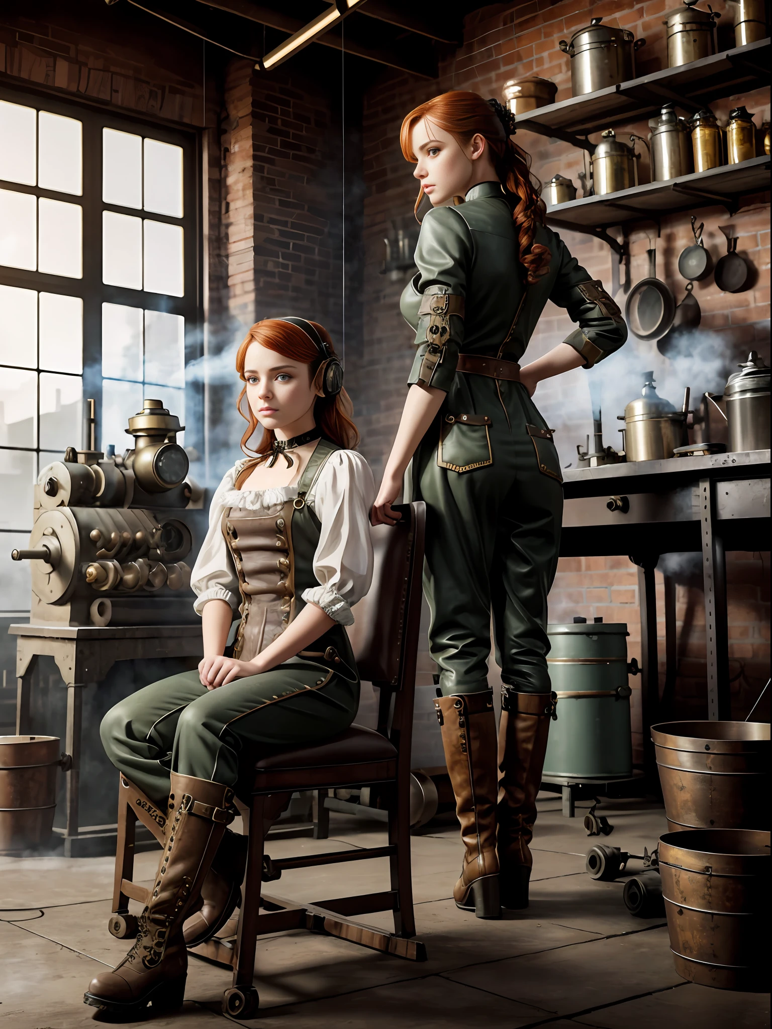 perfect anatomy, realistic character, hyper photorealism, very high contrast lighting, cinematic lighting, dramatic lighting, profile, shot from the back, from below, (((a girl on a chair is repairing a machine in the steamy smoky workshop))), (a 19 yo girl, (Ana de Armas:0.70), (redhead:1.1)), very cute, (perfect eyes:1.1), photorealistic wavy hair, a girl in a steampunk jumpsuit in light gray color, intercom headset, steampunk choker, long leather boots, perfect detailed face, detailed symmetric green eyes with circular iris, fixing a steam engine in the steampunk garage filled with steam and smoke, cogs and gears, steamy background with lots of steam pipes and steam valves and pressure gauges and gears, intricate background, very highly detailed costume, very highly detailed background, steampunk fantasy style, steampunk , steampunk aesthetic, steamy, smoky