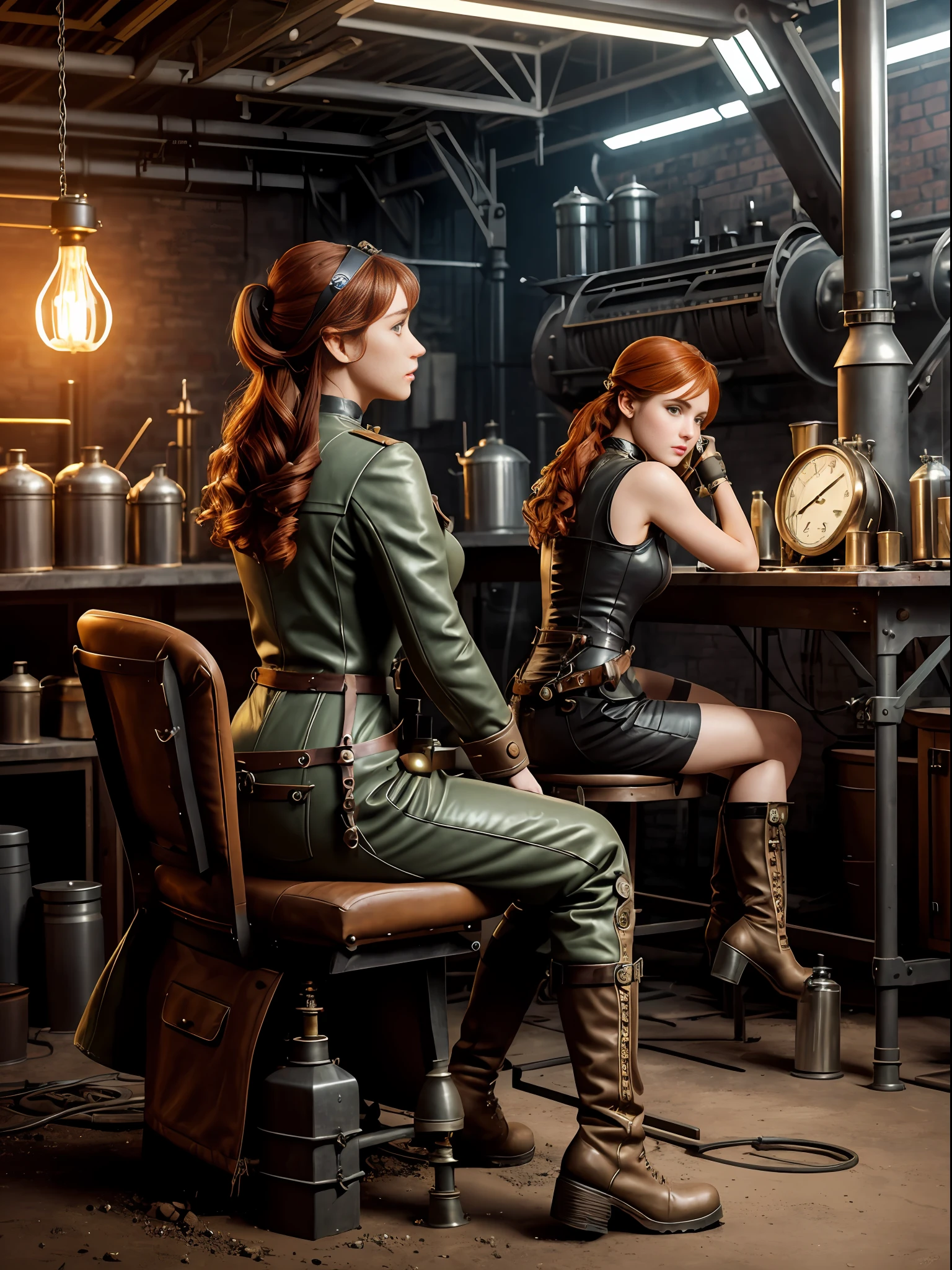 perfect anatomy, realistic character, hyper photorealism, very high contrast lighting, cinematic lighting, dramatic lighting, profile, shot from the back, from below, (((a girl on a chair is repairing a machine in the steamy smoky workshop))), (a 19 yo girl, (Ana de Armas:0.70), (redhead:1.1)), very cute, (perfect eyes:1.1), photorealistic wavy hair, a girl in a steampunk jumpsuit in light gray color, intercom headset, steampunk choker, long leather boots, perfect detailed face, detailed symmetric green eyes with circular iris, fixing a steam engine in the steampunk garage filled with steam and smoke, cogs and gears, steamy background with lots of steam pipes and steam valves and pressure gauges and gears, intricate background, very highly detailed costume, very highly detailed background, steampunk fantasy style, steampunk , steampunk aesthetic, steamy, smoky