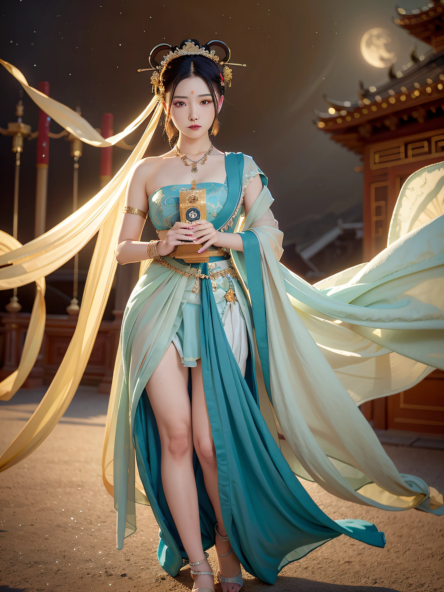 NSFW, Masterpiece, Best Quality, Full Body Shot, (Dark Photo: 1.3), Realistic, 1 Girl, Urzang, (PureErosFace_V1:0.7), 1 Girl Under the Moon ((Flying)), Chinese Immortals, dunhuang_cloths, dunhuang_style, (Chinese palace in the sky in the background: 1.5), (clouds on the ground: 1.5, surrounded by smoke: 1.5), best quality, realistic, realistic, award-winning illustrations, (complex details: 1.2), (fine details), (intricate details), (cinematic light, best quality backlight), clear lines, fashion girl, sharp focus, realistic face, detailed face, official art, Unity 8k wallpaper, super high resolution, (realistic: 1.5), looking at the viewer, ulzzang-6500，