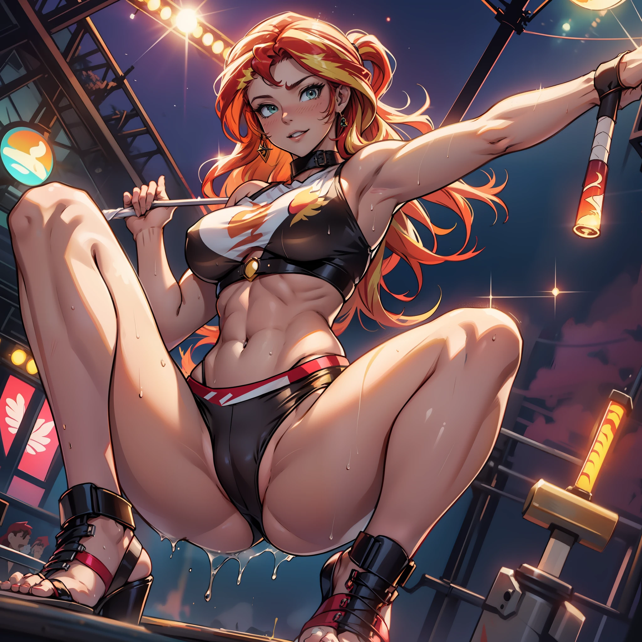 Sunsethuman, Sunset Shimmer, Sunset Shimmer from my little pony, Sunset Shimmer in the form of a girl, thong, big breasts, lush breasts, voluminous breasts, elastic breasts, wet underwear, visible whole body, underwear shines through, sweat, wet with sweat, shin, heels, feet, five fingers, detailed hands, two hair tones, red and yellow hair, white bra, white panties, dancing, nightclub, neon, stage, full-length, palm