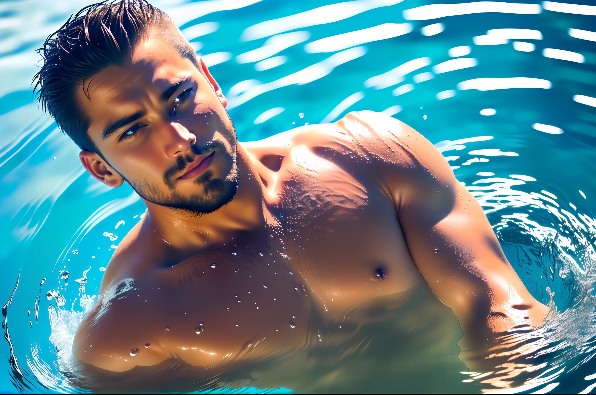 High angle shot photo, High angle view from above, Ultra detailed photo of face of handsome man, rise from water, water up to his shoulder, the pool, looking to the camera, high angle view, high angle shot, splashing waters and water drops around him, hyper realistic, photorealistic, chiaroscuro, high angle view, man in pool, splashing waters